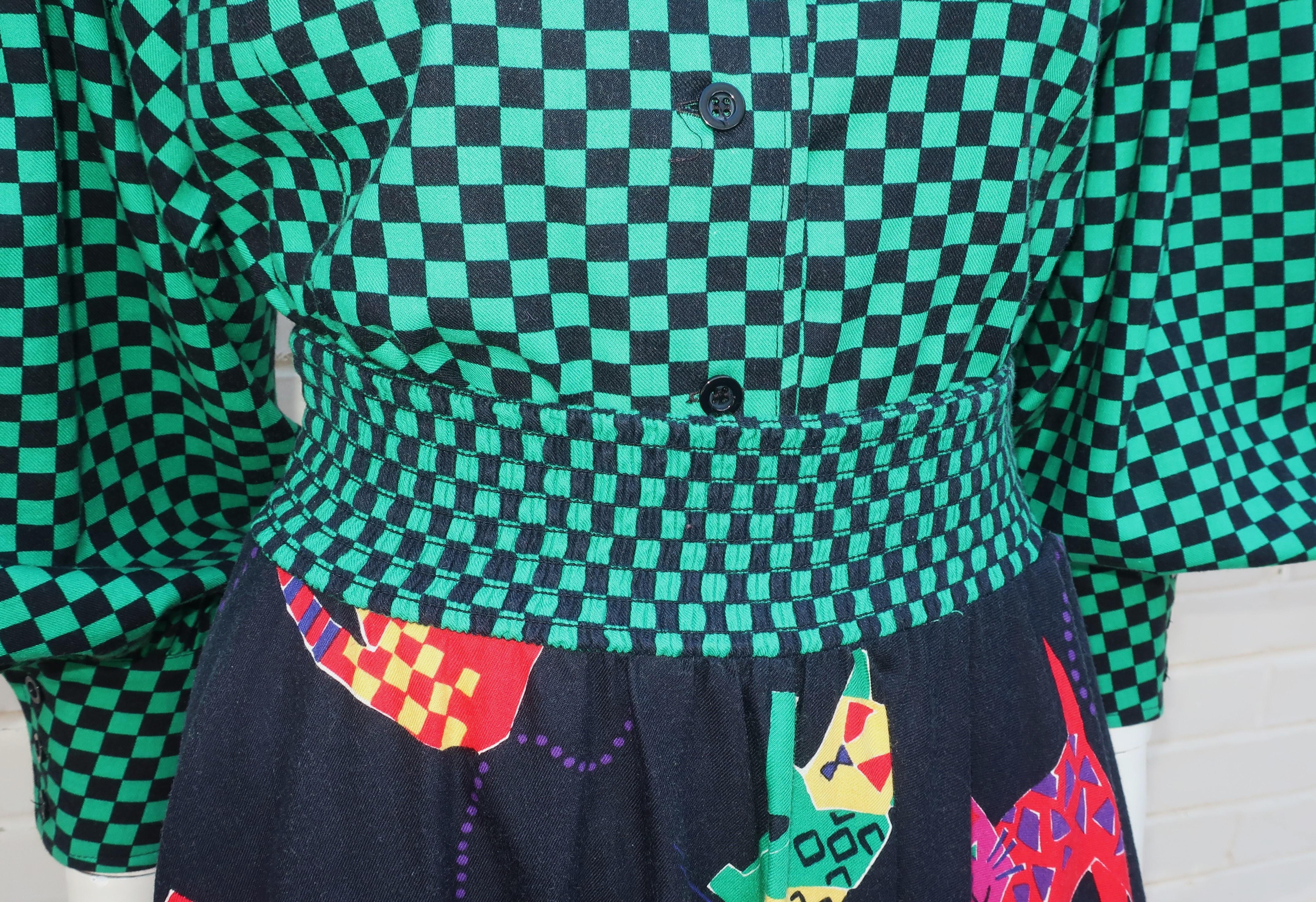 JEANNE MARC Two Piece Cotton Cat Print Checkerboard Dress, 1980's For Sale 1