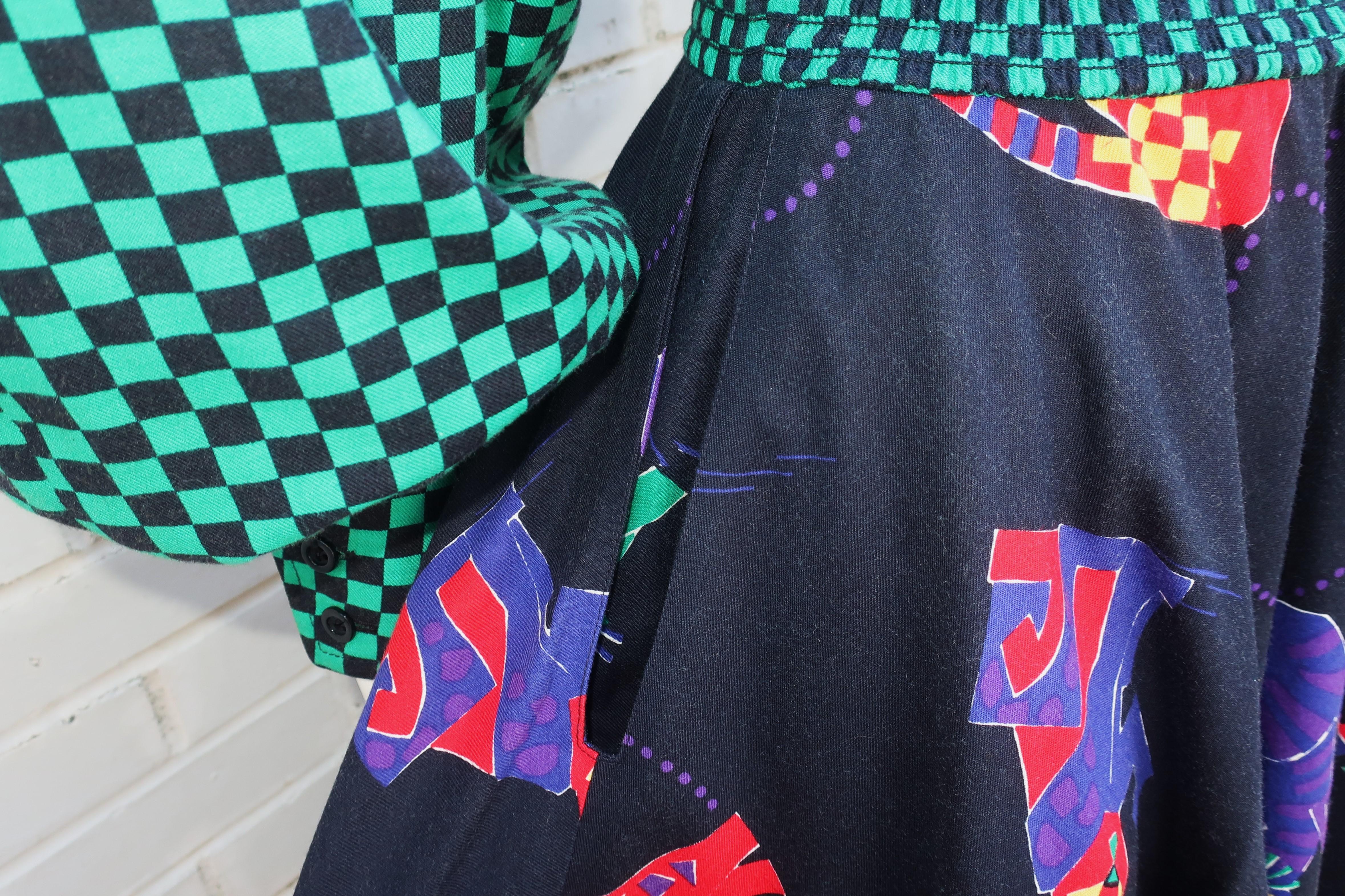 JEANNE MARC Two Piece Cotton Cat Print Checkerboard Dress, 1980's For Sale 3