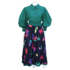 JEANNE MARC Two Piece Cotton Cat Print Checkerboard Dress, 1980's