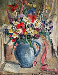 "Fleurs dans un pichet" par Jeanne Perrochet - Huile sur carton - 35x28 cm