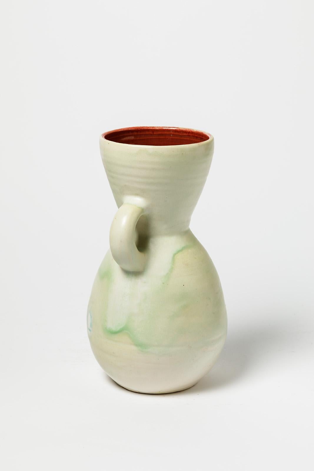 Mid-Century Modern Jeanne Pierlot De Monvel White and Red 1950 Ceramic Pitcher Vase Ratilly For Sale