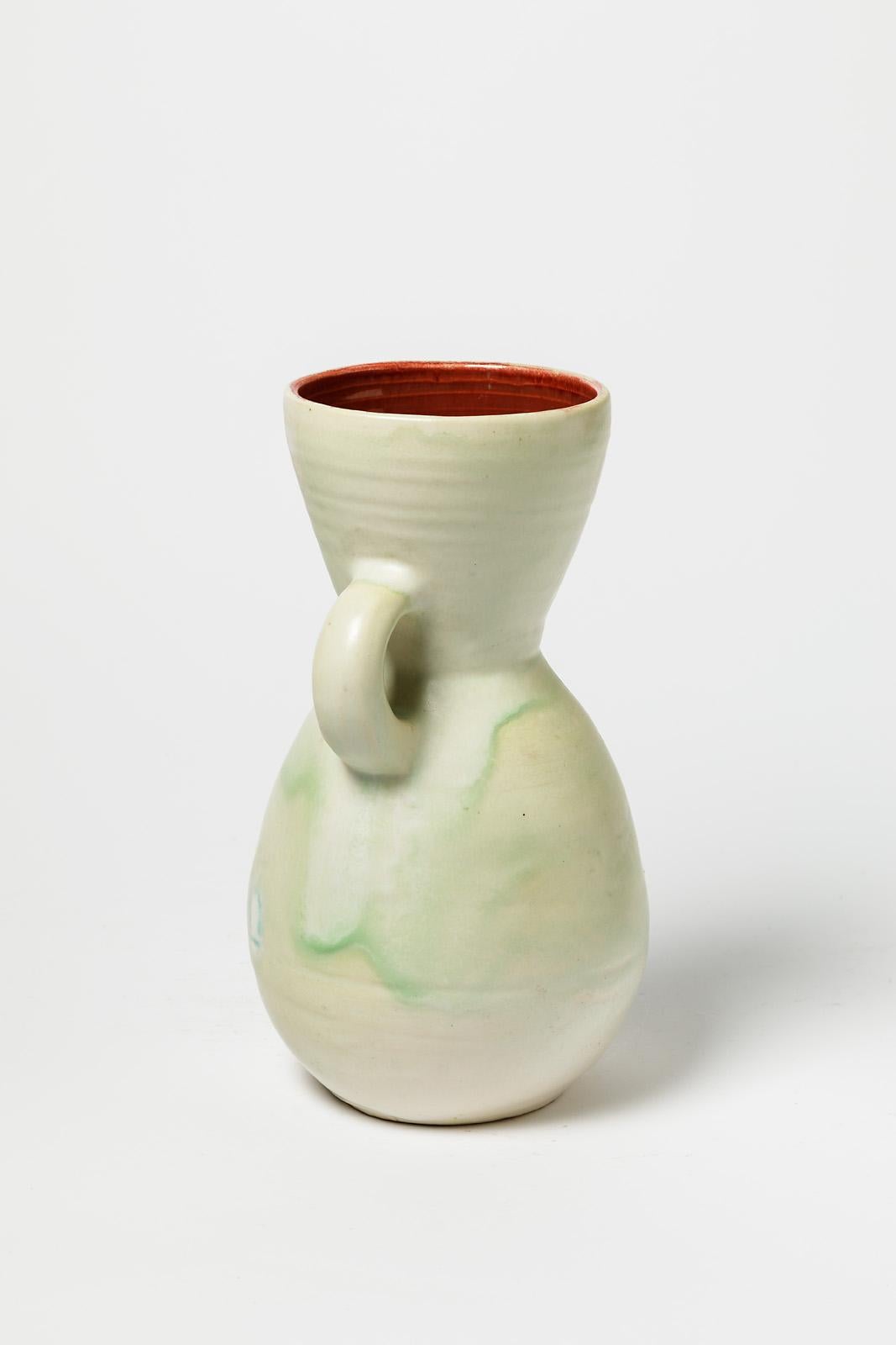 Mid-Century moderno Jeanne Pierlot De Monvel Vaso brocca in ceramica bianca e rossa 1950 Ratilly in vendita