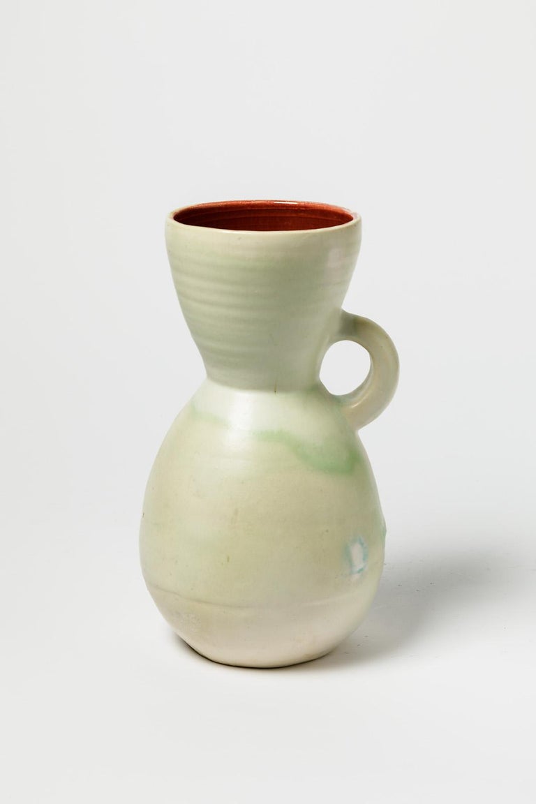 Jeanne Pierlot De Monvel White and Red 1950 Ceramic Pitcher Vase Ratilly  For Sale at 1stDibs