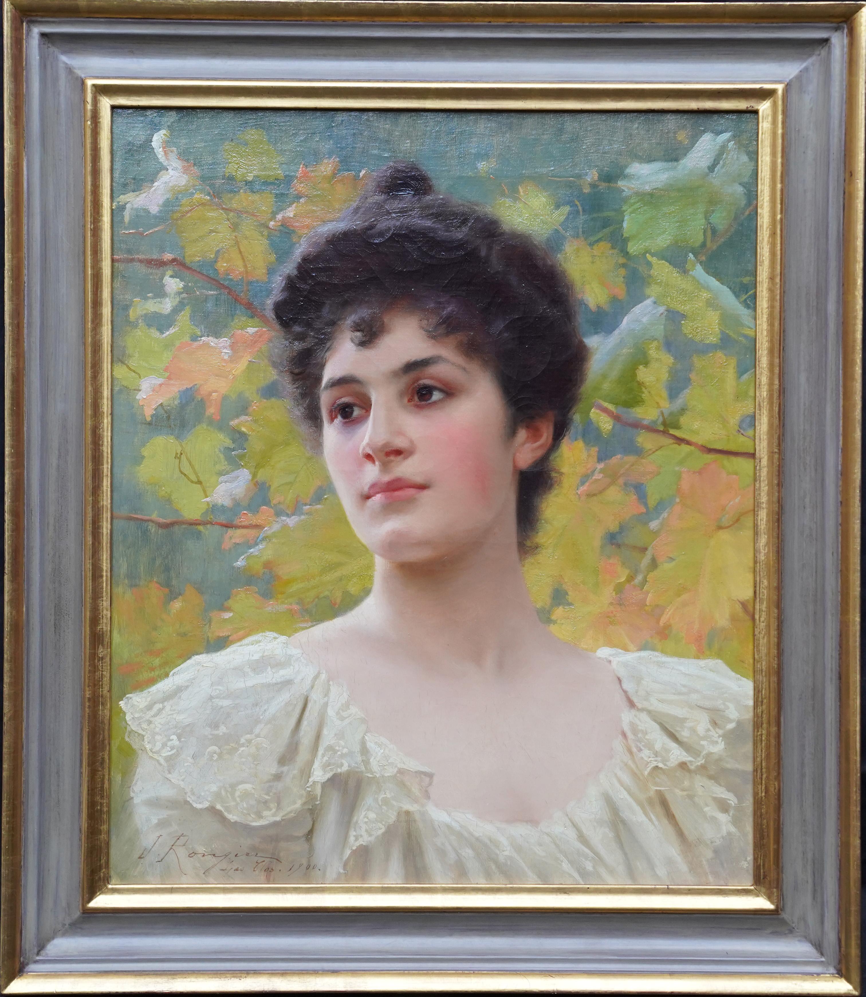 Portrait of a Young Lady in Yellow - French 1900 Victorian art oil painting For Sale 4