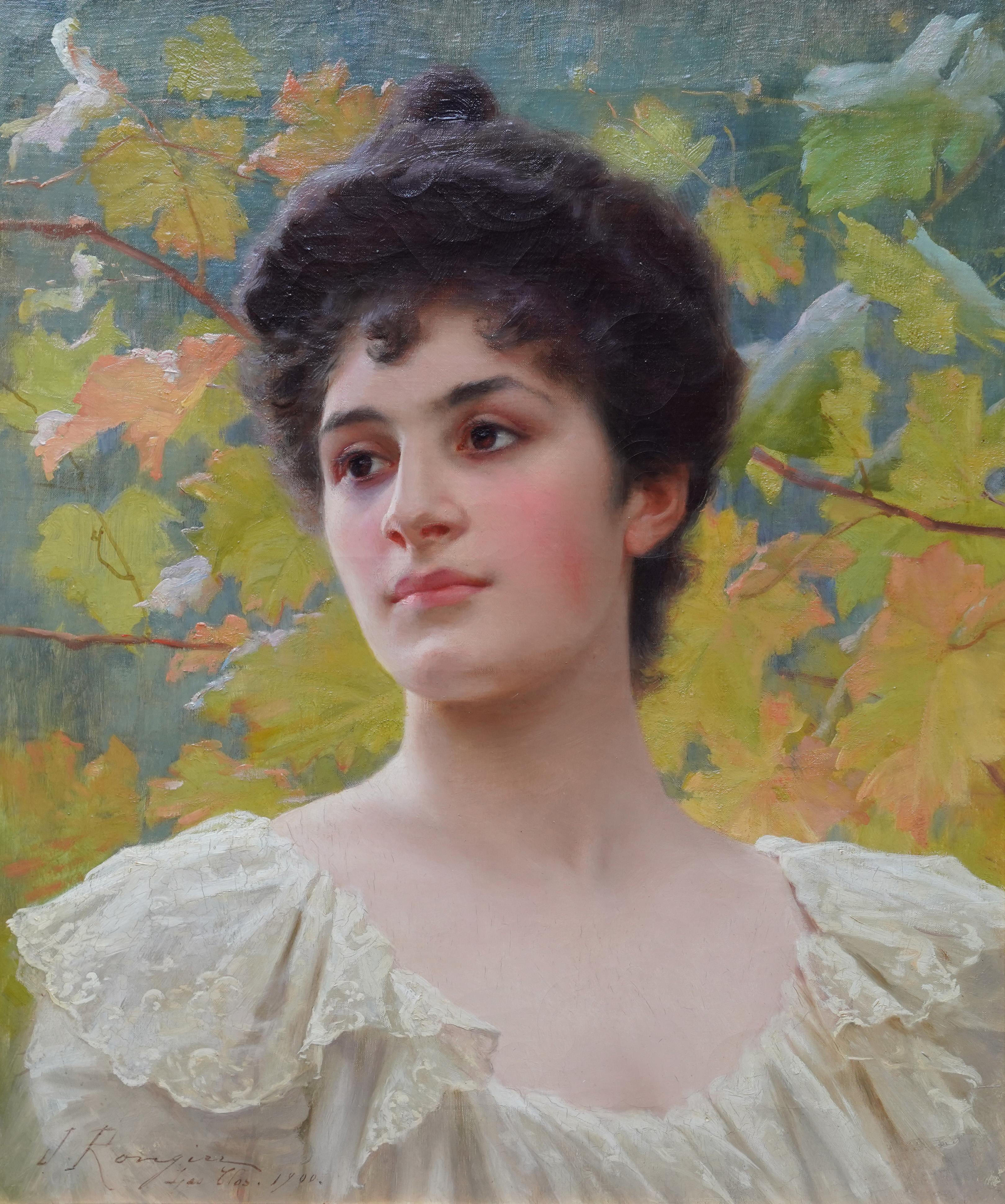 Porträt einer jungen Dame in Gelb – Französisches viktorianisches Ölgemälde, 1900 – Painting von Jeanne Rongier