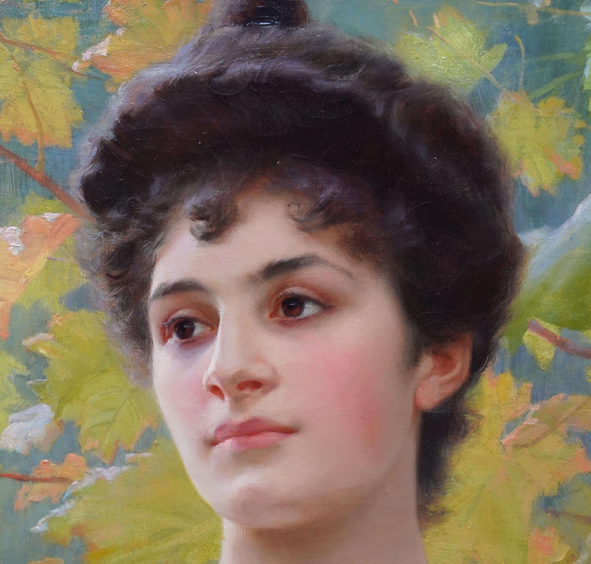 Dieses atemberaubende französische Porträt-Ölgemälde aus dem viktorianischen Zeitalter stammt von der bekannten ausgestellten Künstlerin Jeanne Rongier. Das detailreiche Porträt zeigt den Kopf und die Schultern einer schönen jungen Frau, die nach