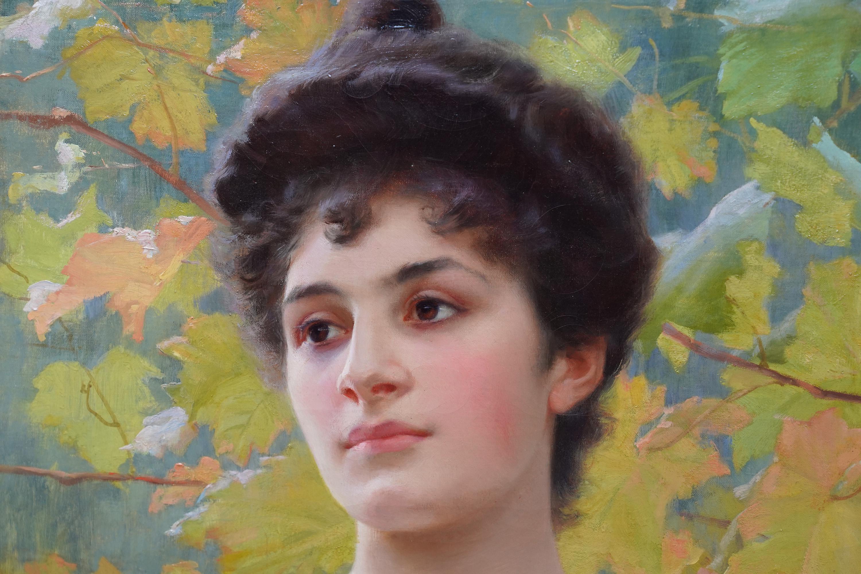 Porträt einer jungen Dame in Gelb – Französisches viktorianisches Ölgemälde, 1900 im Angebot 1