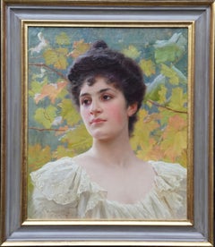 Antique Portrait of a Young Lady in Yellow - French 1900 Victorian art oil painting