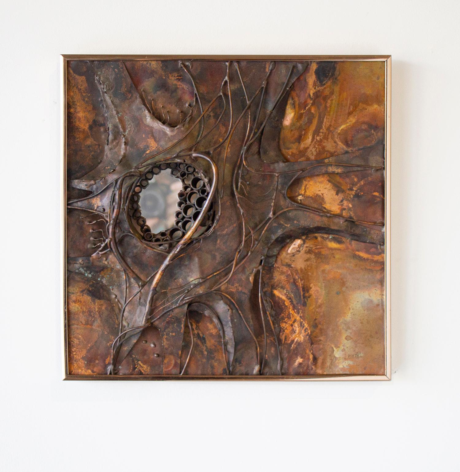 Extraordinary handmade Brutalist wall assemblage in patinated copper by Chicago area sculptor Jeanne Samper.
A similar aesthetic to the work of Lee Bontecou from the same era. Truly a masterpiece of brutalism.
   