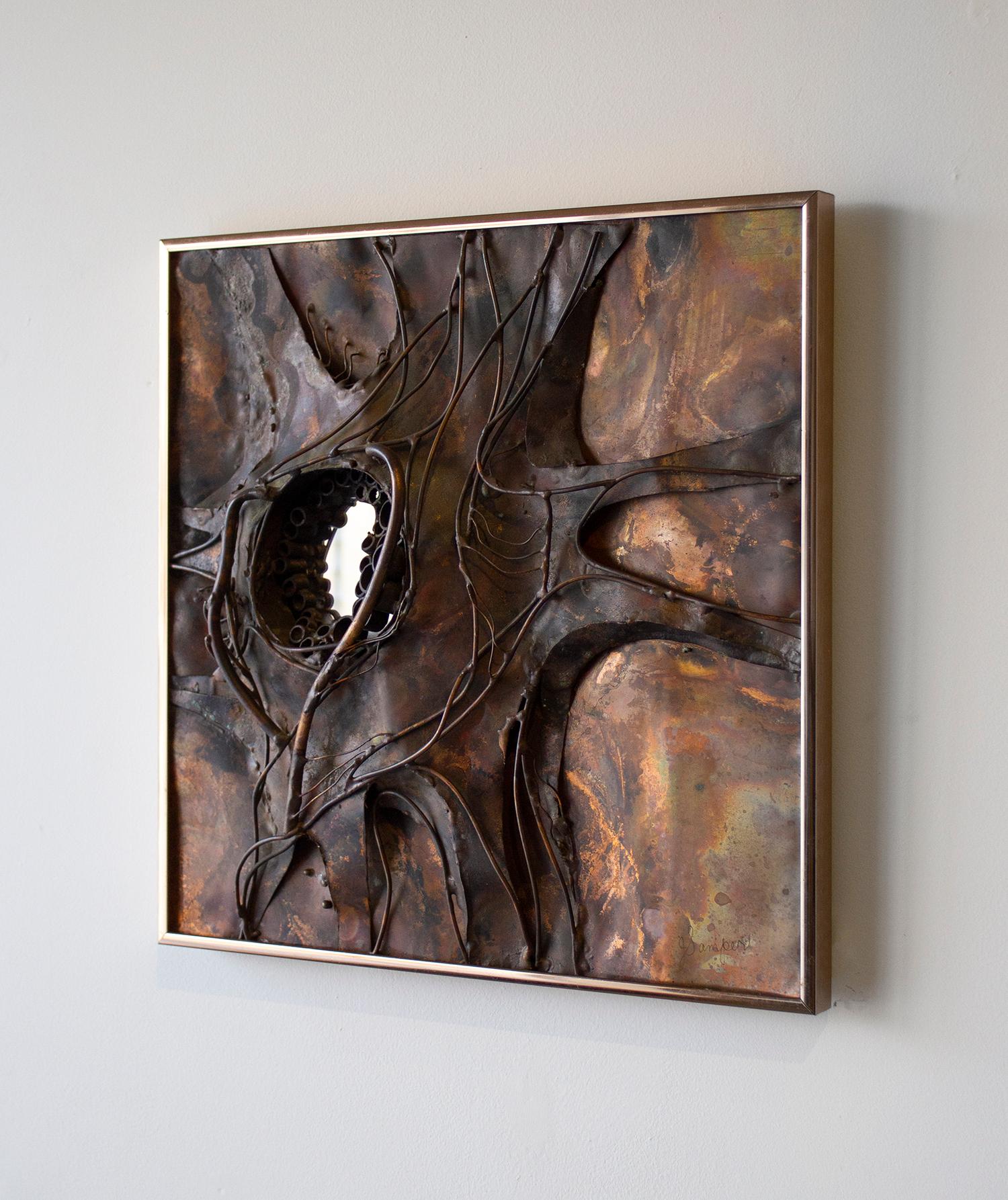American Jeanne Samper Brutalist Wall Sculpture in Copper with Mirror, 1960s