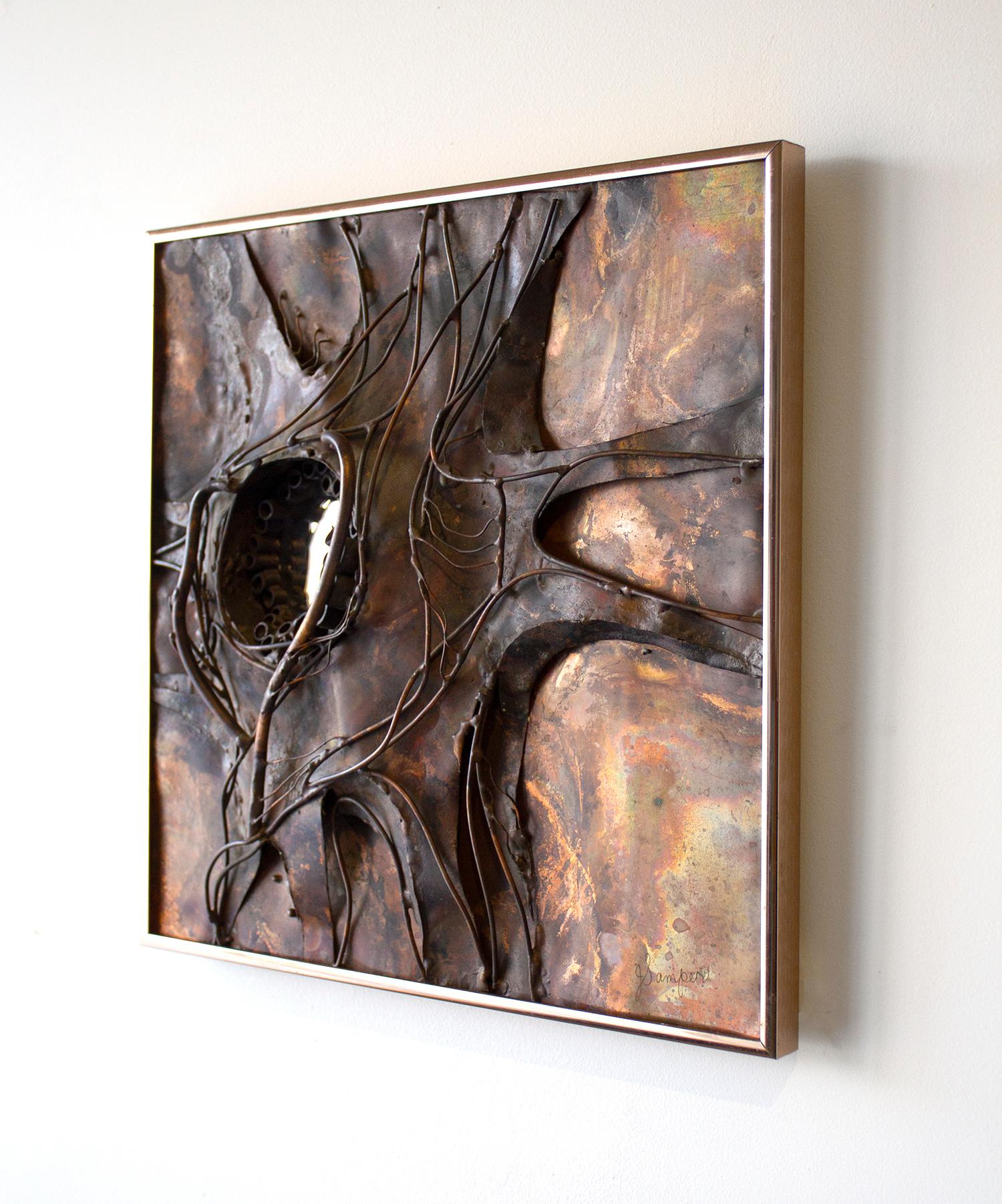 Welded Jeanne Samper Brutalist Wall Sculpture in Copper with Mirror, 1960s