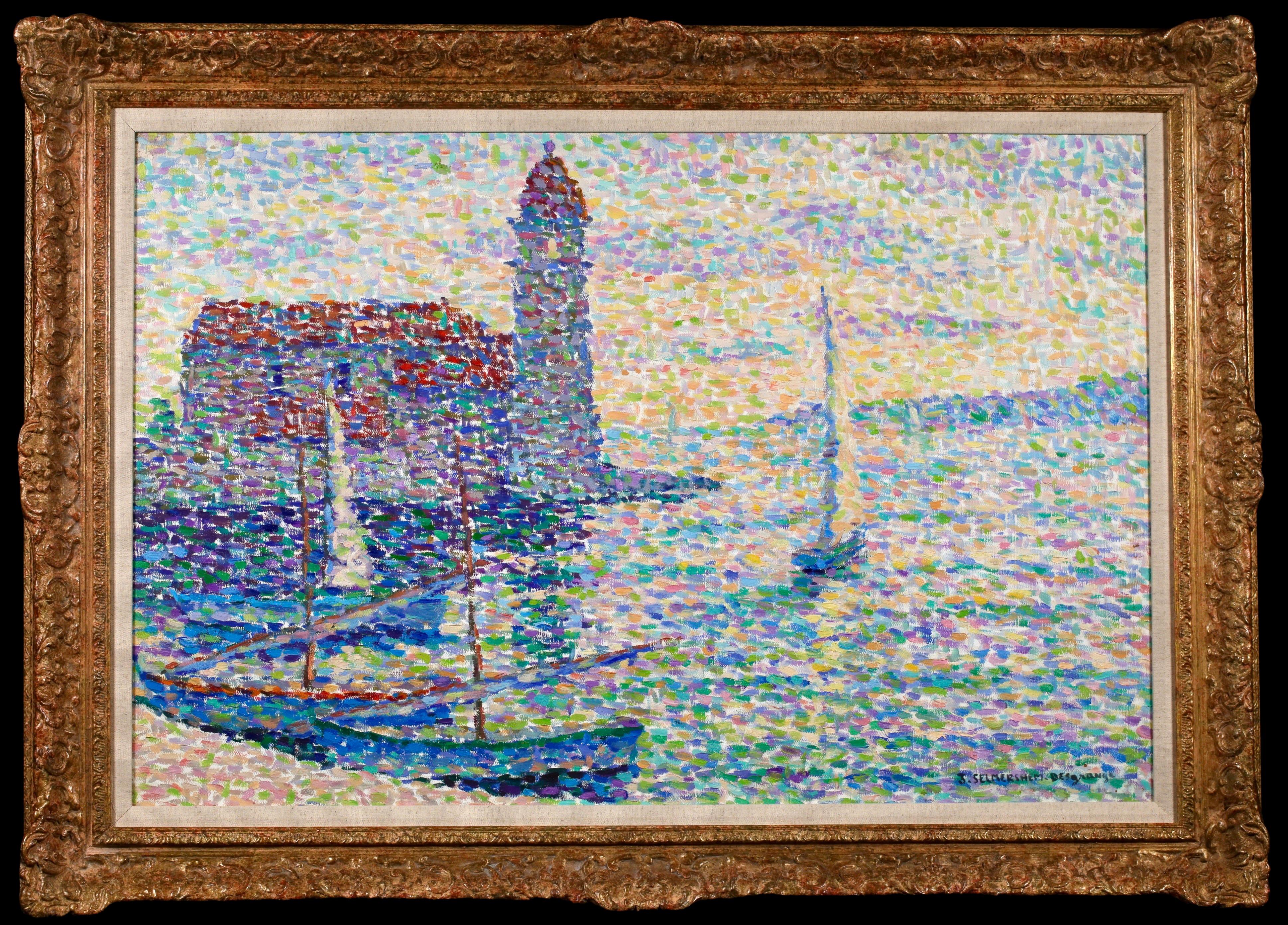 Coucher de Soleil - Pointillist Landscape Oil by Jeanne Selmersheim-Desgranges