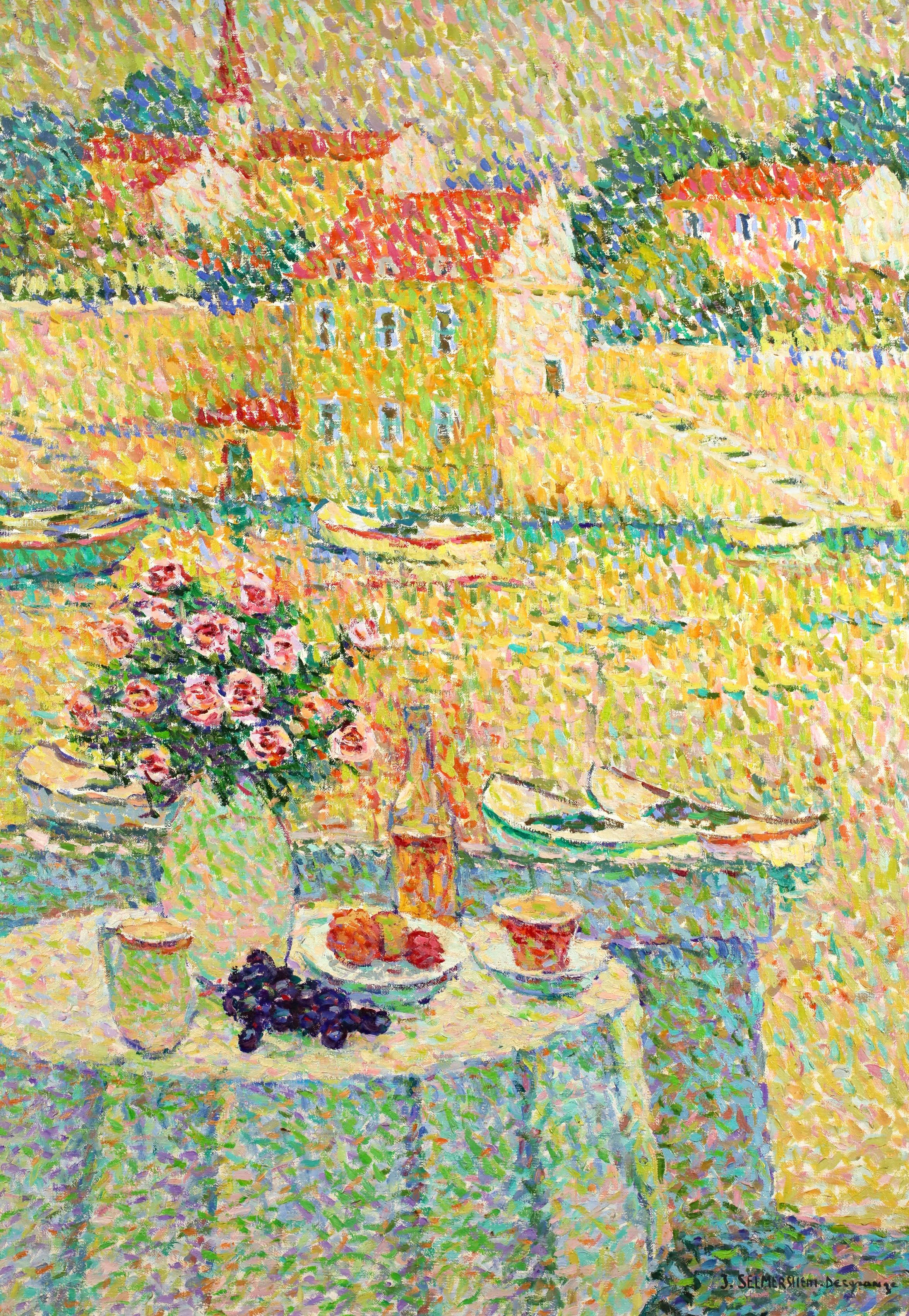 Le Petit Dejeuner - Pointillistische Landschaft Öl von Jeanne Selmersheim-Desgrange – Painting von JEANNE SELMERSHEIN-DESGRANGE