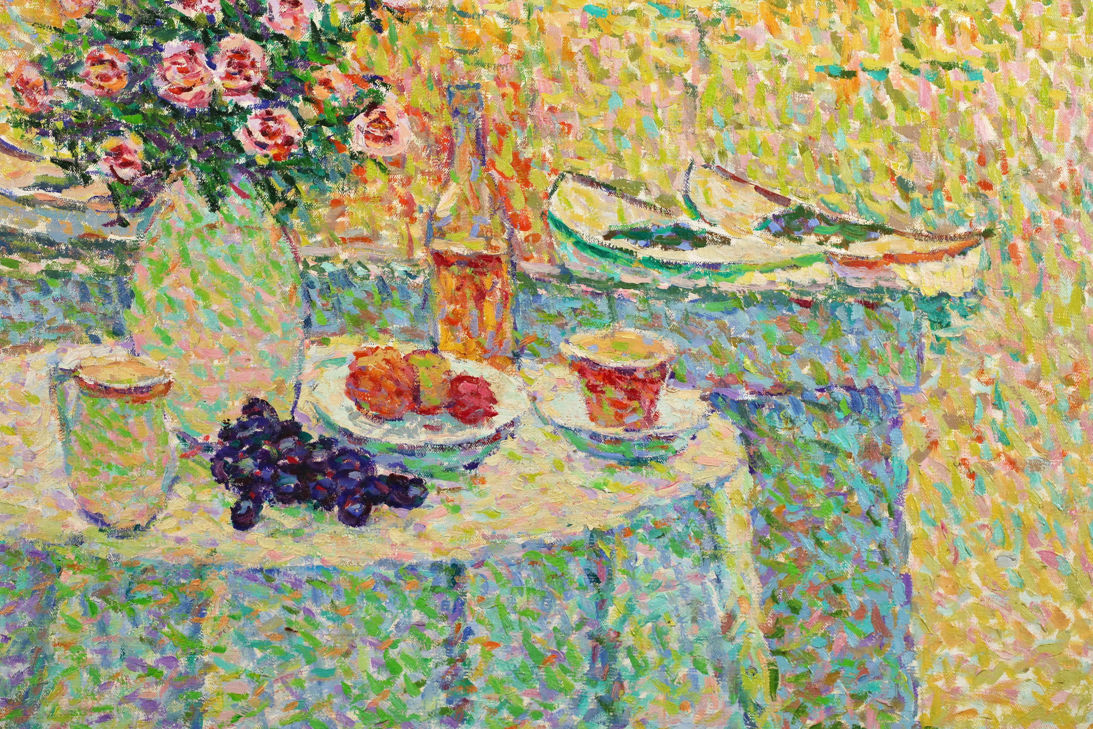 Signiertes pointillistisches Landschaftsöl auf Leinwand um 1920 von der französischen neo-impressionistischen Malerin Jeanne Selmersheim-Desgrange. Das Werk zeigt die Ansicht eines französischen Hafens mit Booten auf dem Wasser und Gebäuden,