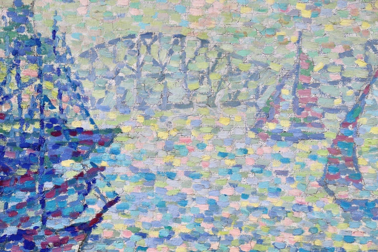 Sailing Boats - Neo Impressionist Oil, Riverscape - Jeanne Selmersheim-Desgrange - Pointillist Painting by JEANNE SELMERSHEIN-DESGRANGE