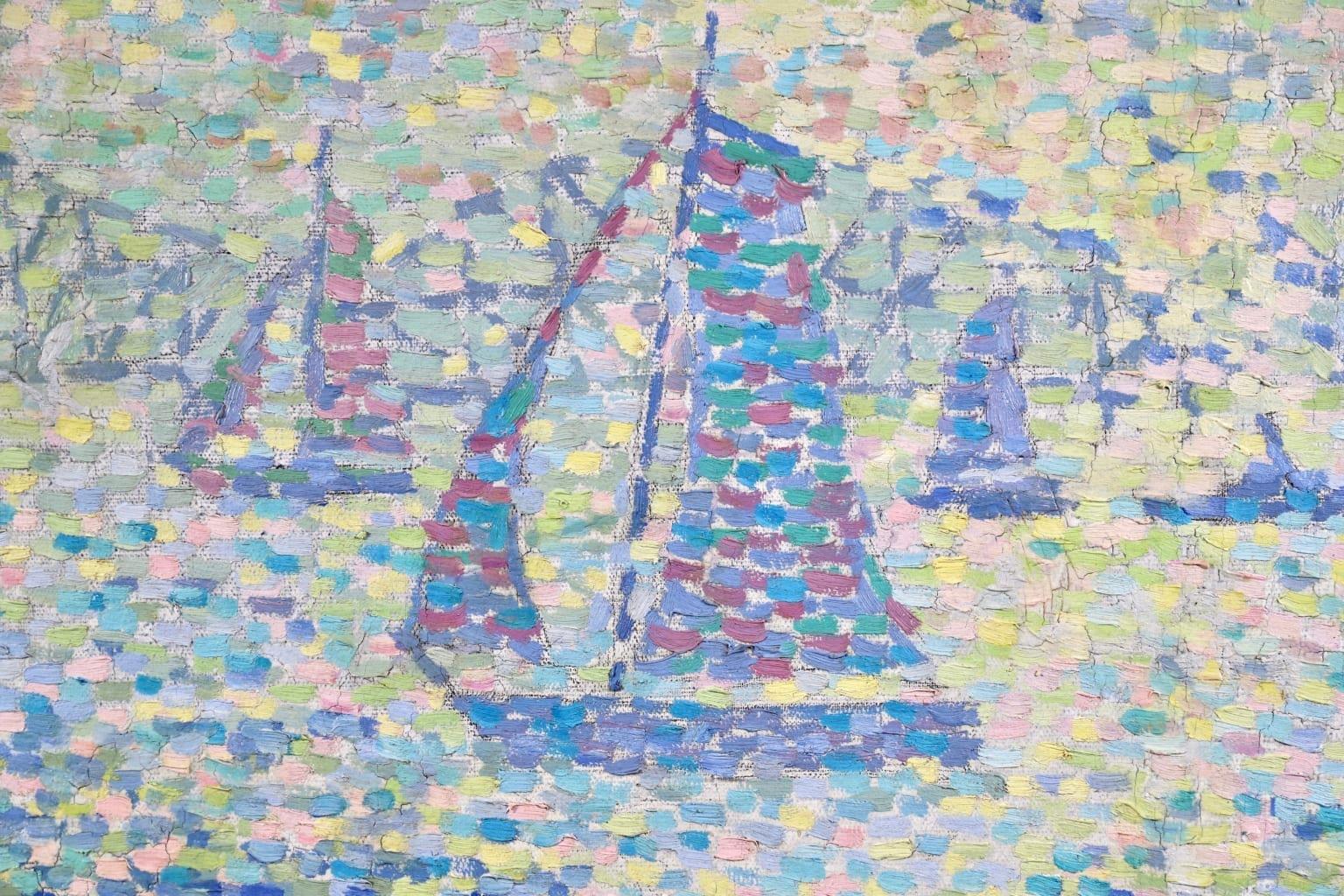 A simply beautiful pointillist oil on canvas by French neo-impressionist painter Jeanne Selmersheim-Desgrange. The artist was the wife of Paul Signac who heavily influenced her work. The piece is painted in mostly blue tones with purples, pinks and