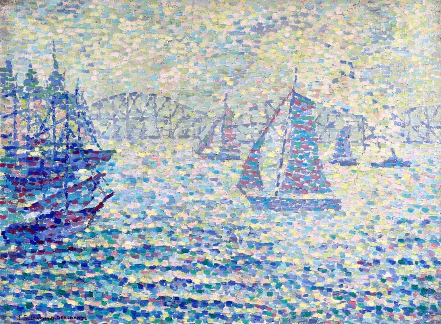 Sailing Boats - Neo Impressionist Oil, Riverscape - Jeanne Selmersheim-Desgrange - Painting by JEANNE SELMERSHEIN-DESGRANGE