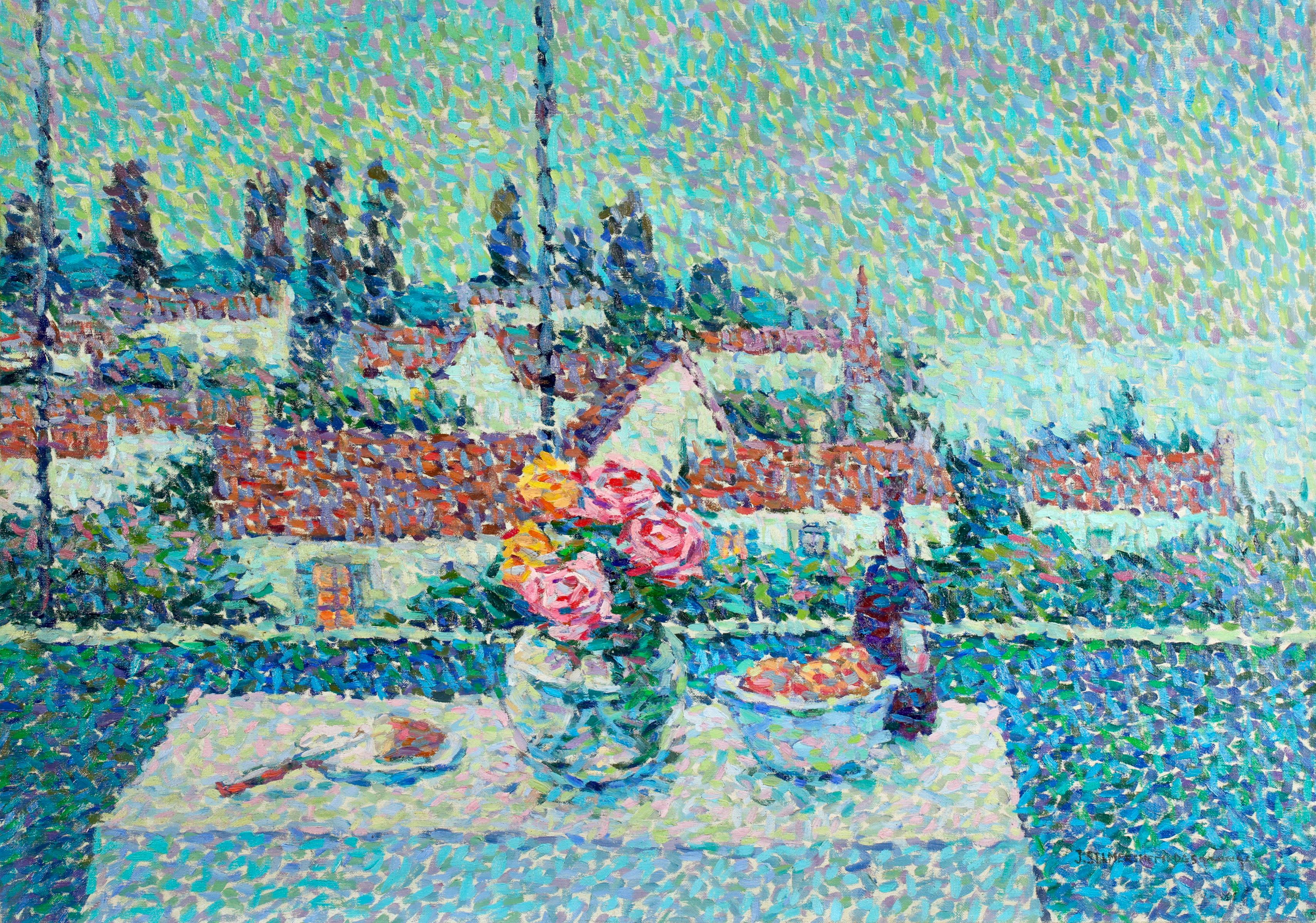Sur la Terrasse- Bodegón neoimpresionista al óleo - Jeanne Selmersheim-Desgrange - Painting de JEANNE SELMERSHEIN-DESGRANGE