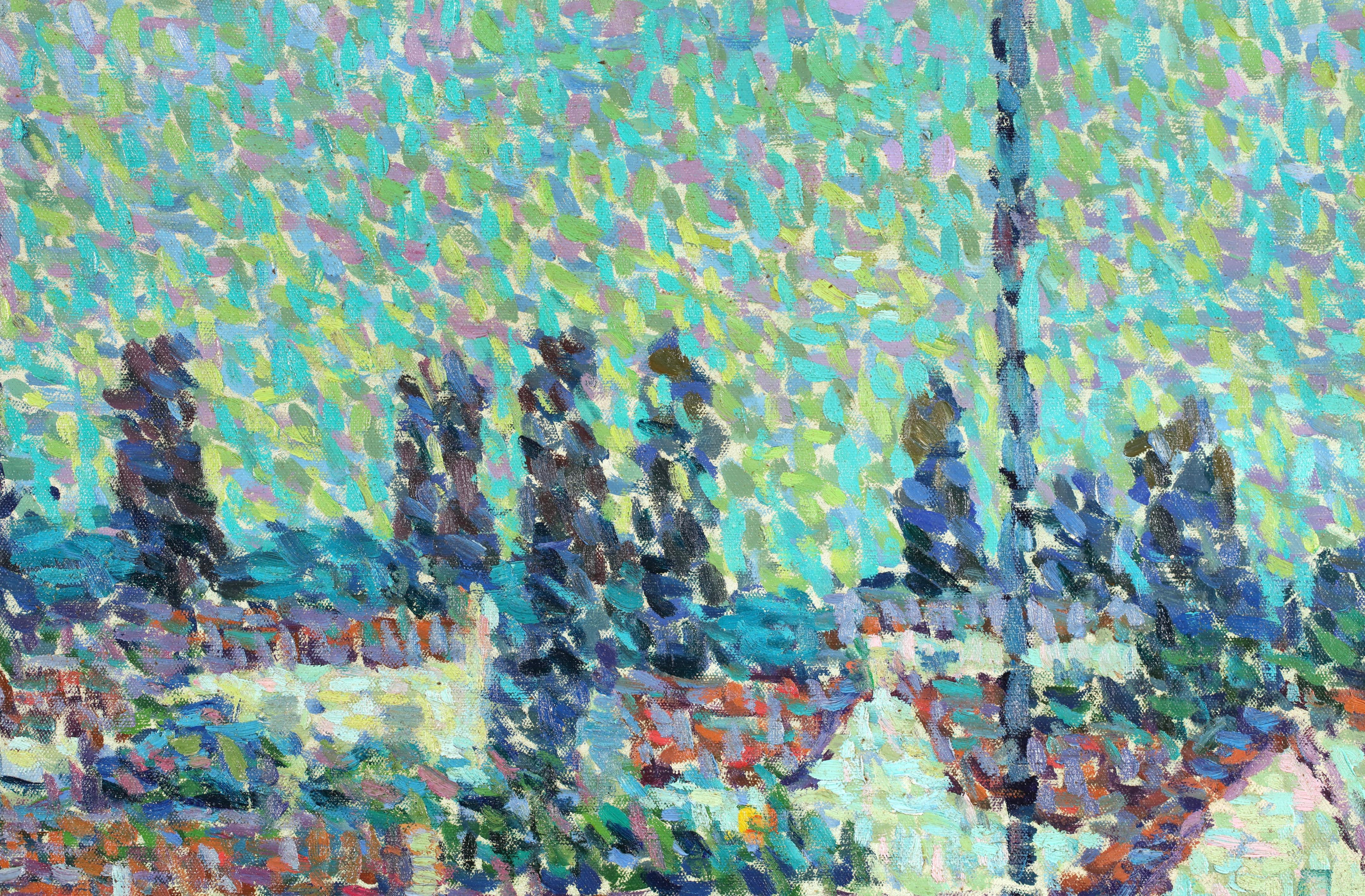 Sur la Terrasse- Bodegón neoimpresionista al óleo - Jeanne Selmersheim-Desgrange - Landscape Painting Gris de JEANNE SELMERSHEIN-DESGRANGE
