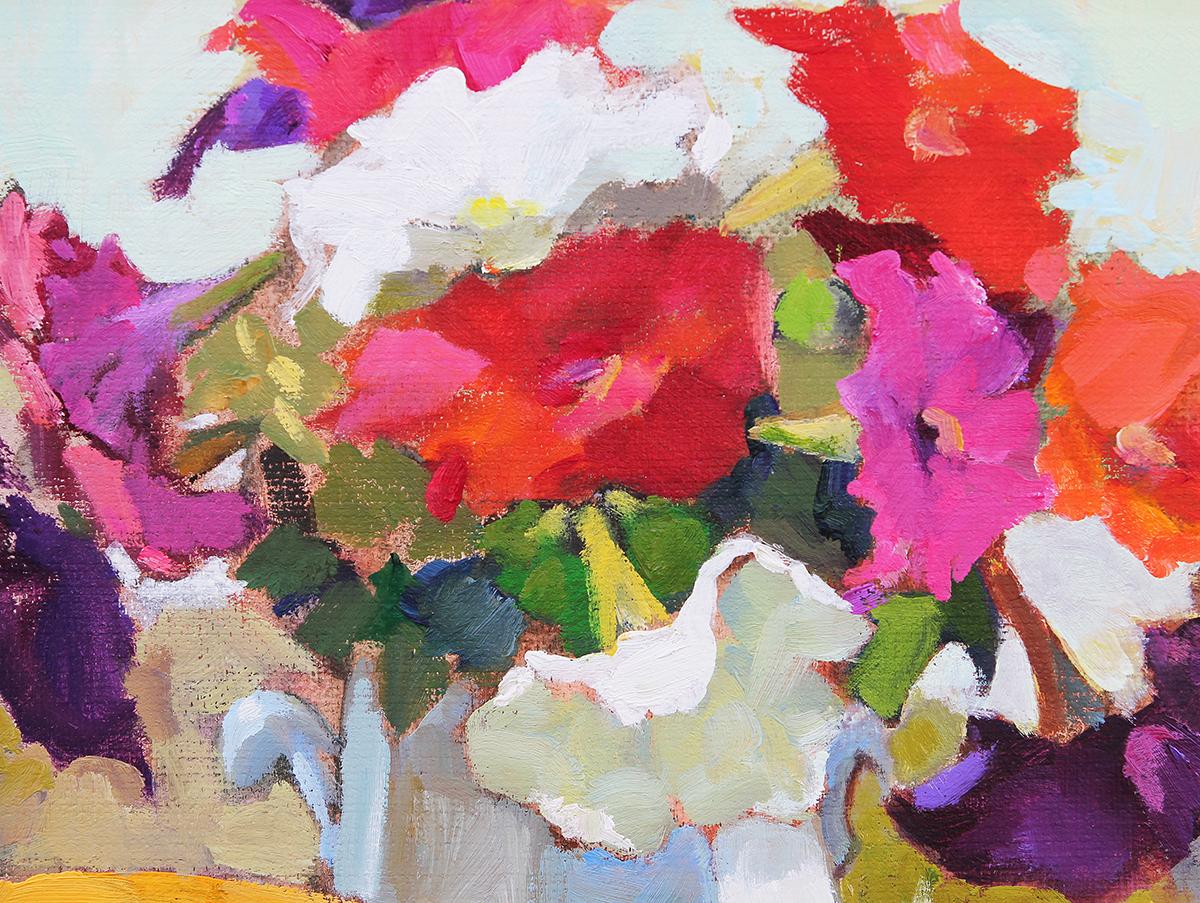 Abstract impressionist still life painting by Washington artist Jeanne Stauffer Beaudry. Pink, teal, orange, green, vibrant still life depicting a wedding table with various flowers in a vase, watermelon and melon slices, and a glass water pitcher.