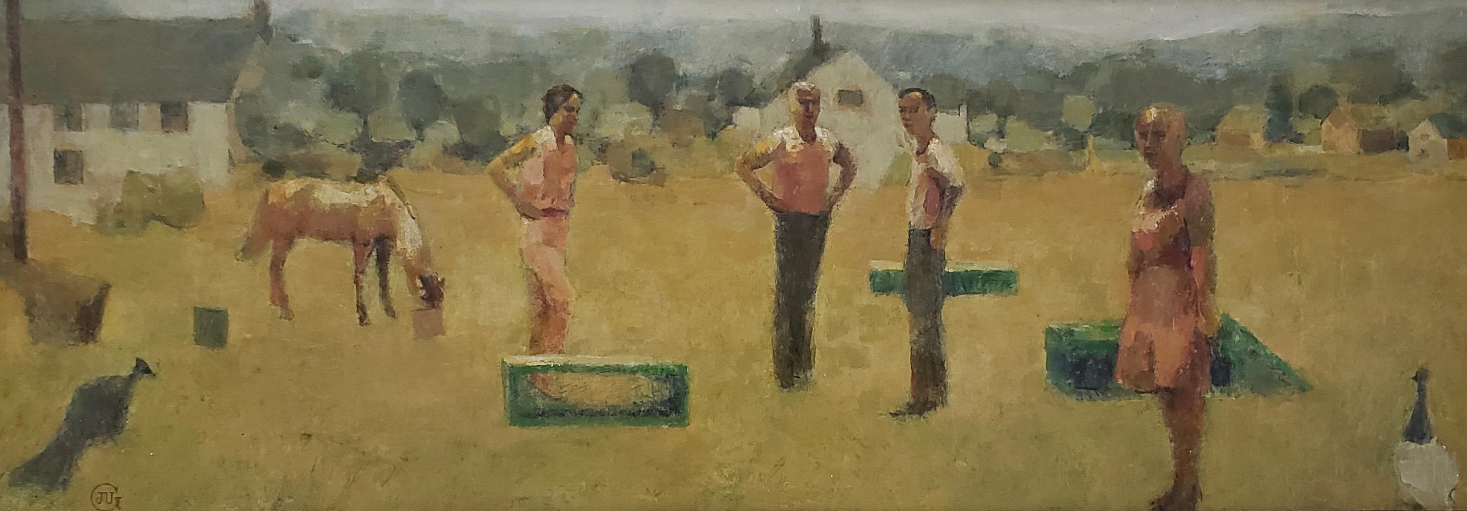 Jeanne Urich Gorham (American, 20th century)

Original oil on panel by listed American artist Jeanne Urich Gorman circa 1960s

The painting depicts four figures standing in an open field with a horse, peacock and various geometric boxes.

This