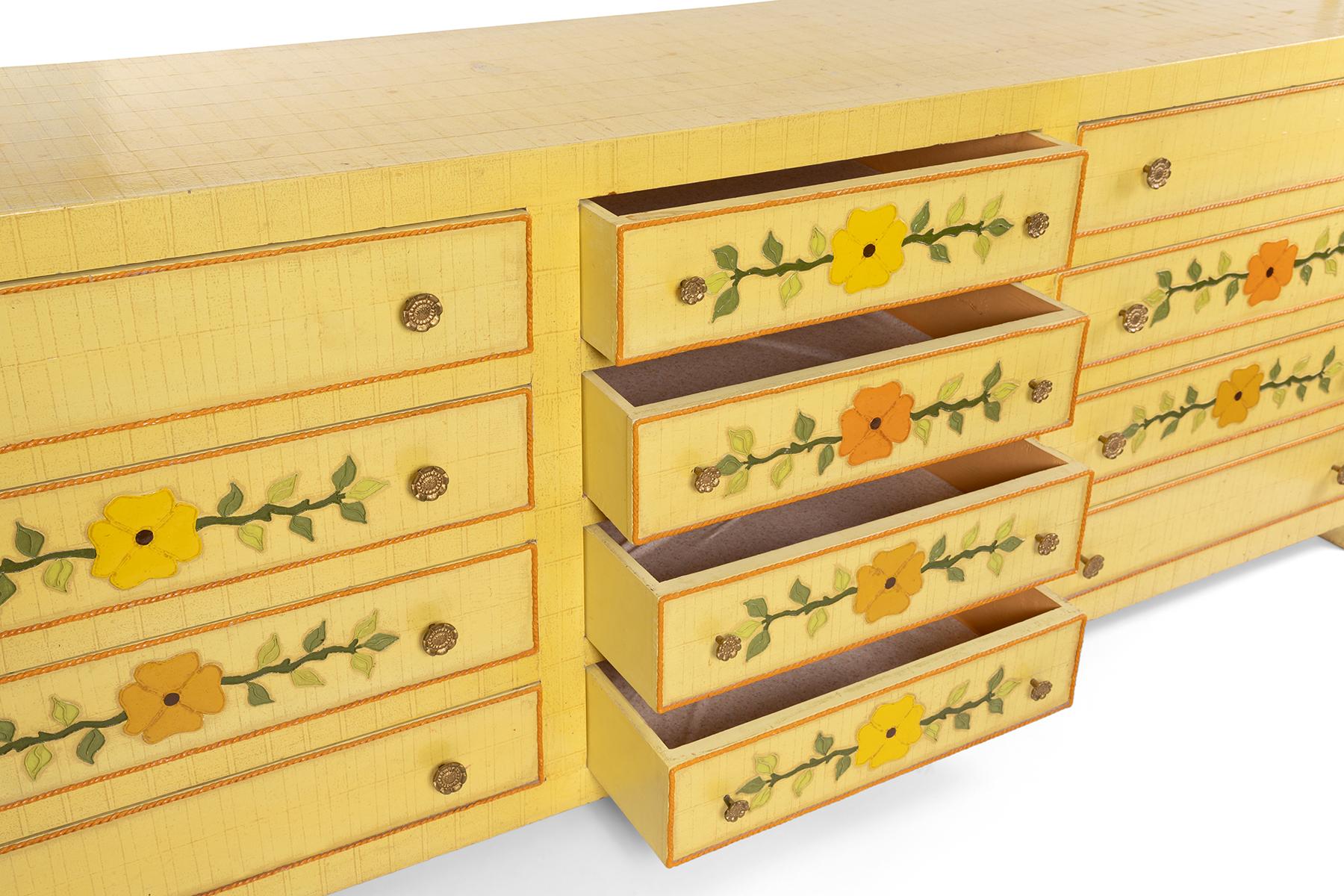 Mid-Century Modern Hand-Painted 1970's Yellow Dresser by Jeanne Valentine  For Sale