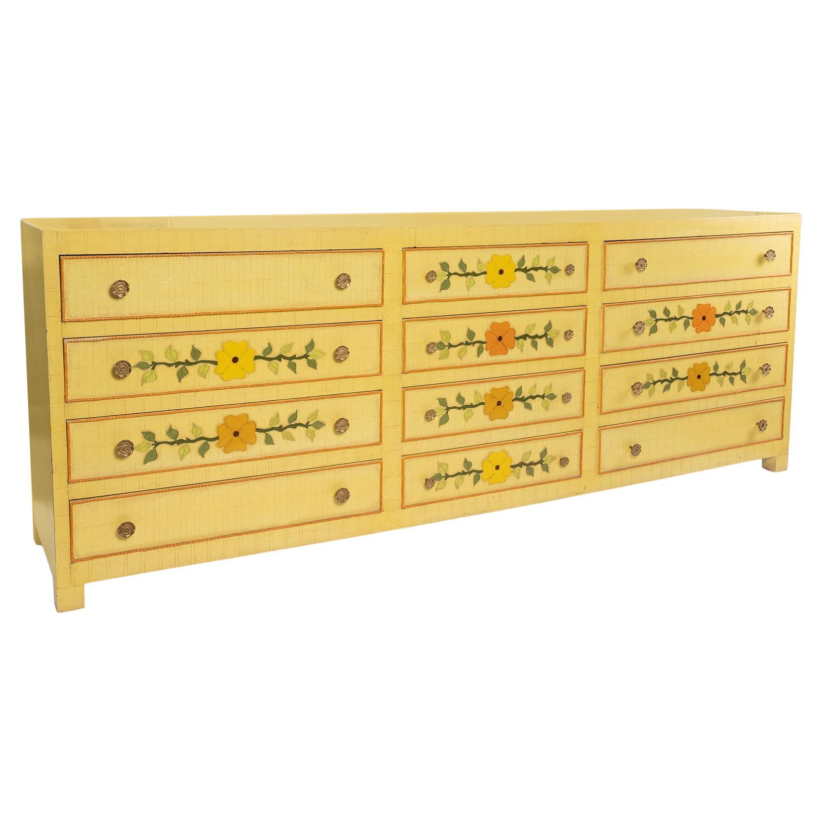 Hand-Painted 1970's Yellow Dresser by Jeanne Valentine 