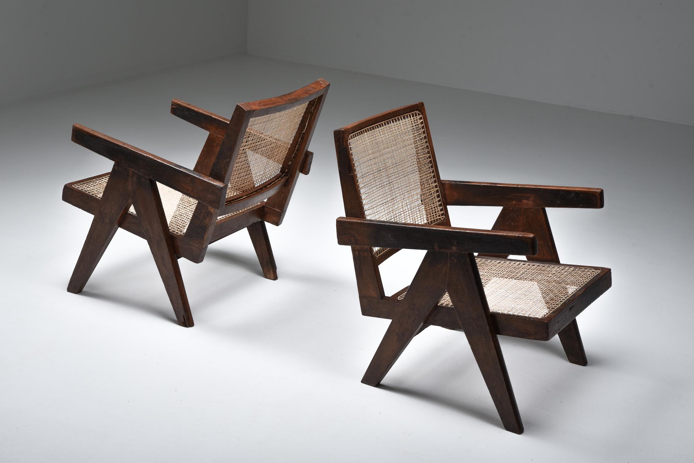 Pierre Jeanneret, armchairs, low easy chairs, for Administrative buildings form Chandigarh, India, 1960s.

authentic vintage piece in original condition with new cane seating.

Another interesting and nowadays relevant fact about these and other