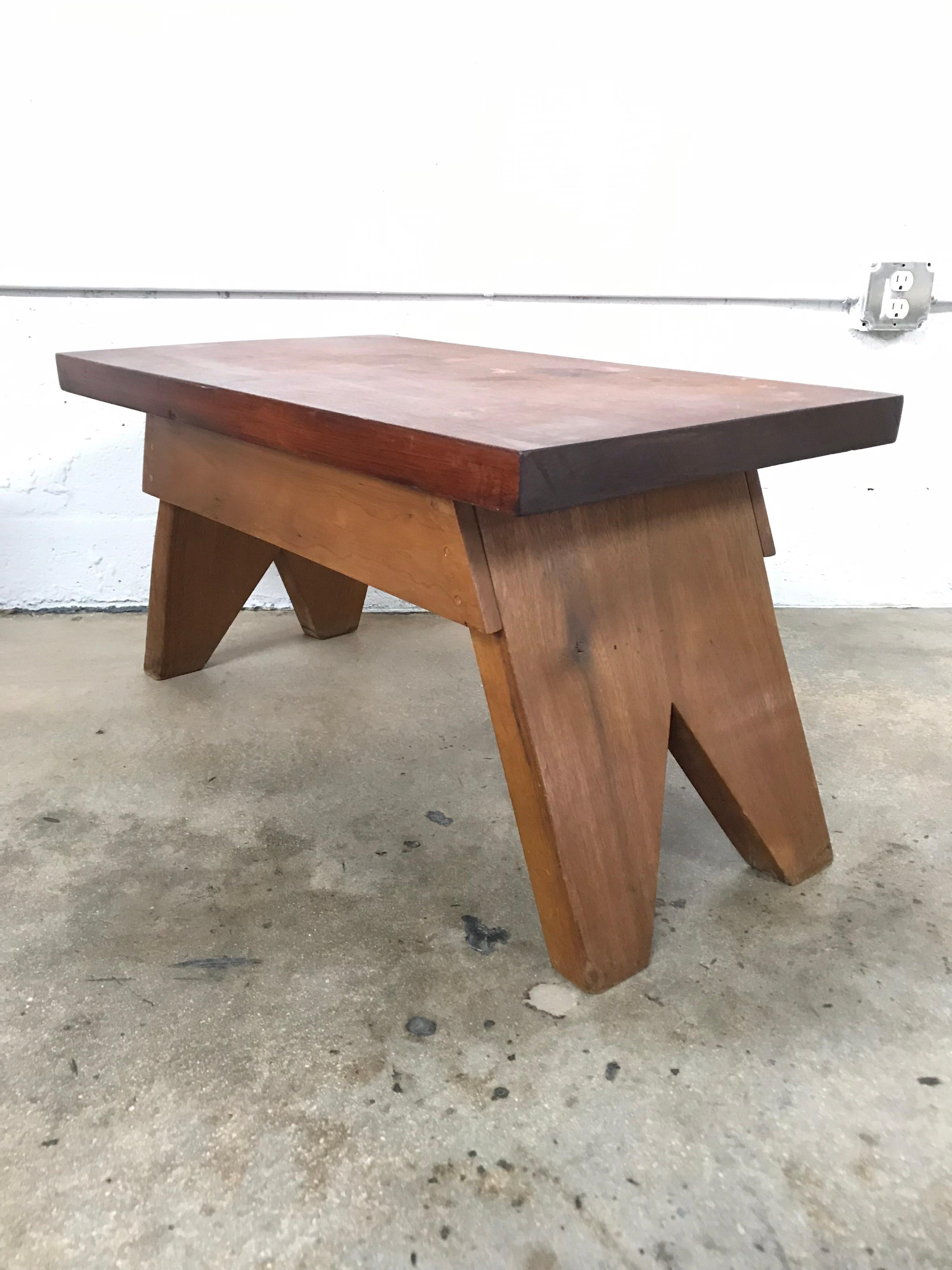 Side end coffee or cocktail table in the style of Pierre Jeanneret, Nakashima, Perriand. Rendered in teak and rosewood, handmade.