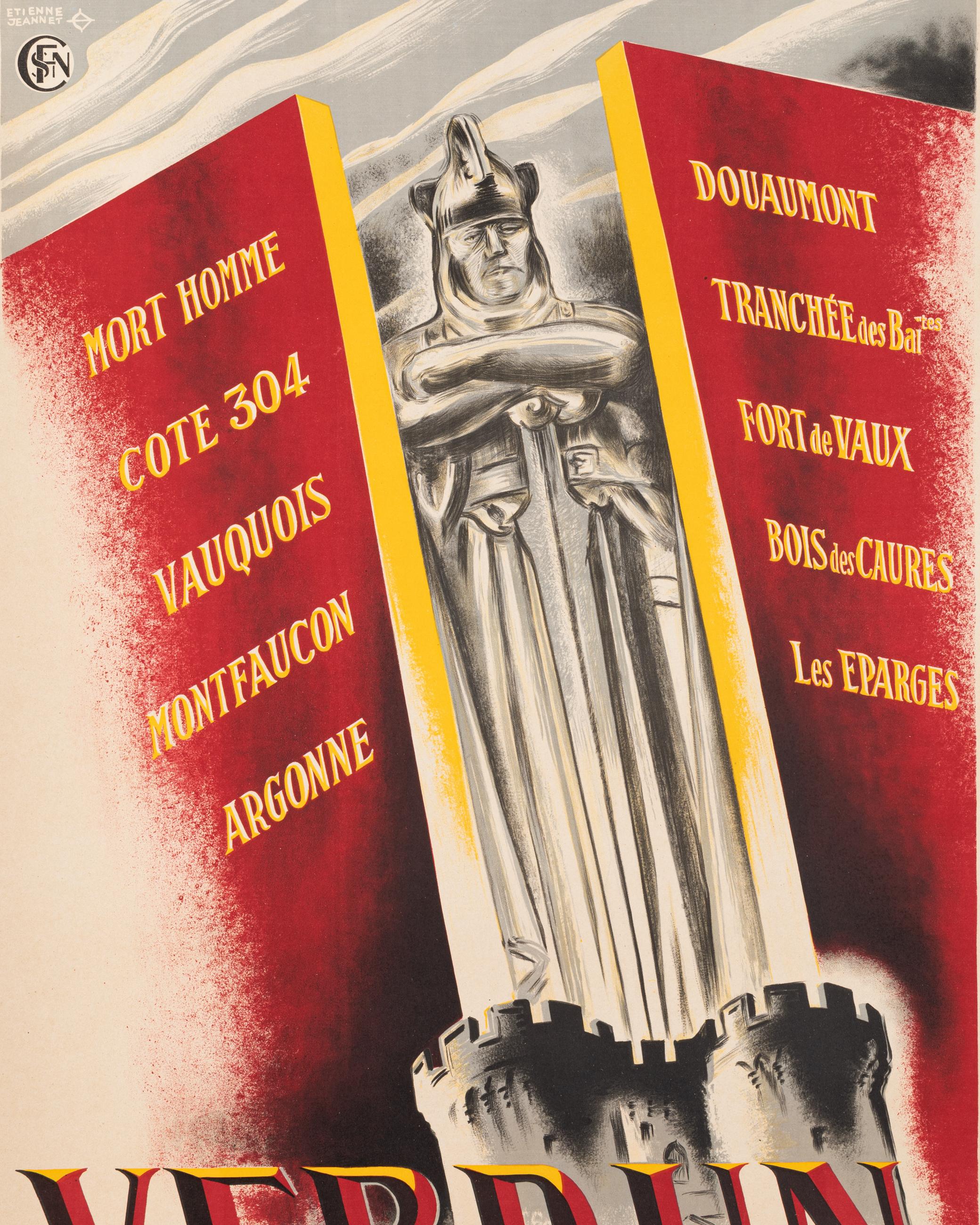Affiche originale Vintage By pour les chemins de fer français sur Verdun créée par Etienne Jeannet en 1930.

Artistics : Jeannet Etienne
Titre : Verdun - Forteresse historique - Centre de Tourisme
Date : circa 1930
Taille (l x h) : 24.8 x 39.2 in /