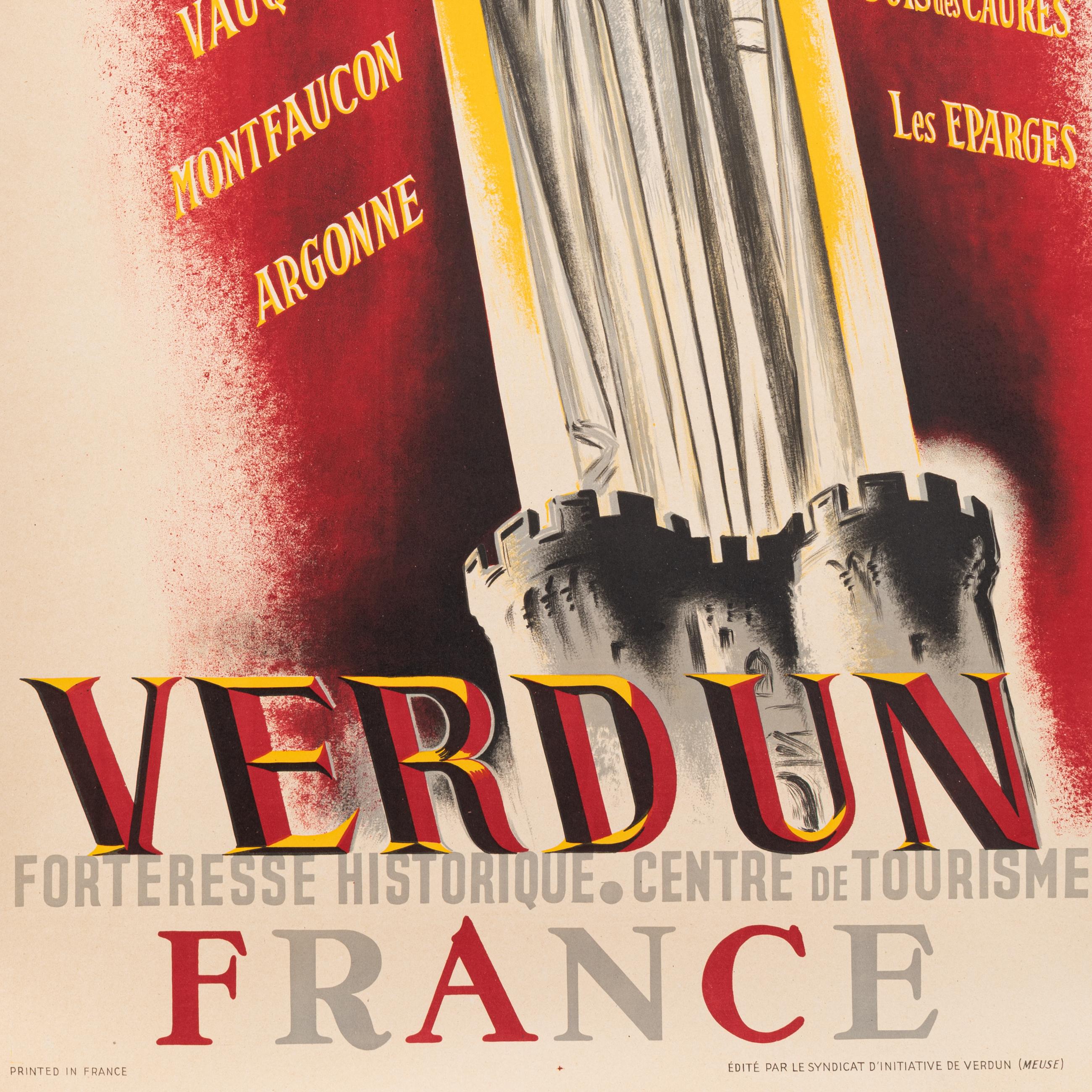 Mid-Century Modern Jeannet, affiche originale des chemins de fer, Verdun, Première Guerre mondiale, soldat, guerrier, épée, 1930 en vente