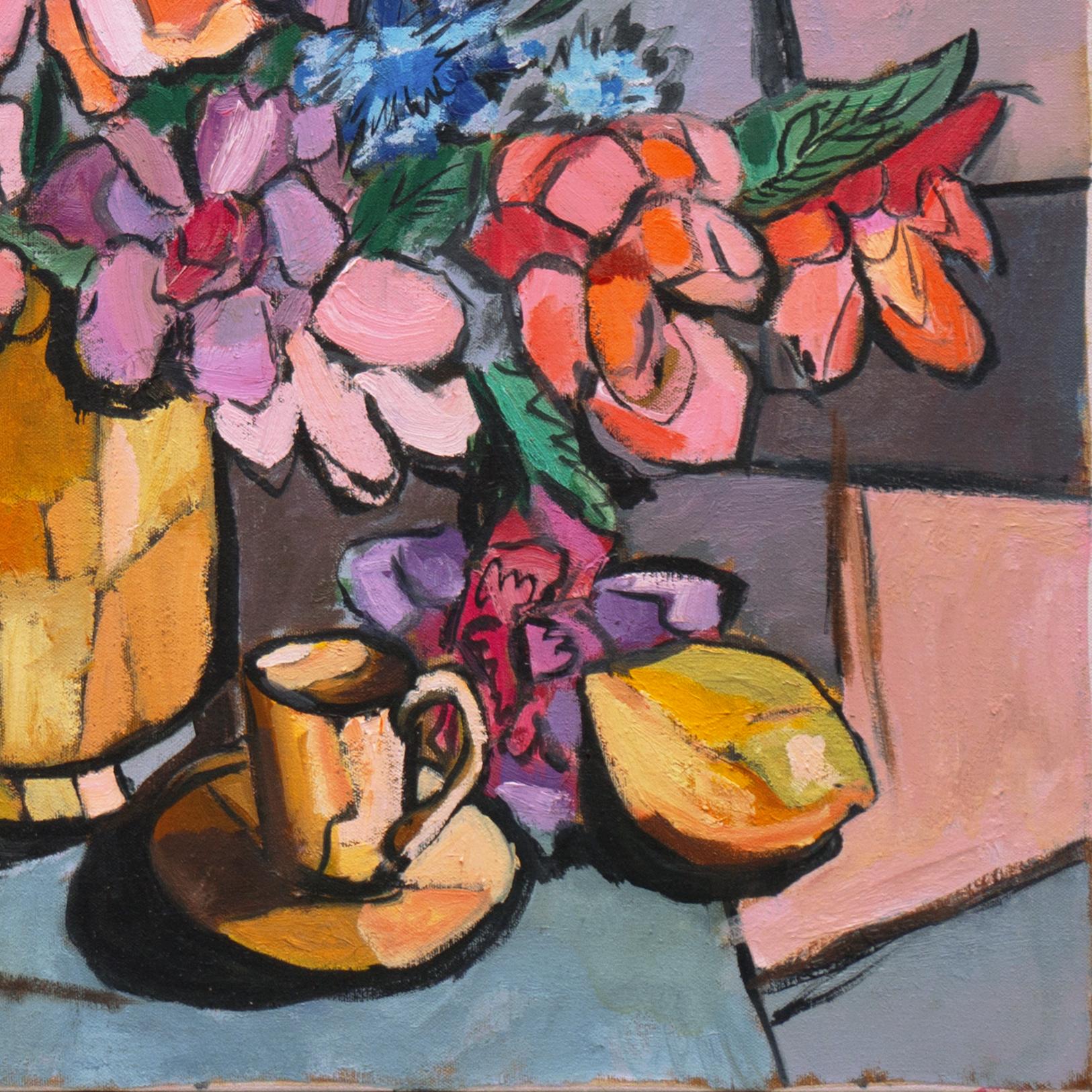 Signed lower left, 'J. Bedwell' for Jeanette Bedwell (American, 20th century) and painted circa 1975; additionally signed, verso, on canvas.

A  vibrant, mid-century oil still-life by this listed, Bay Area woman artist who exhibited at the San
