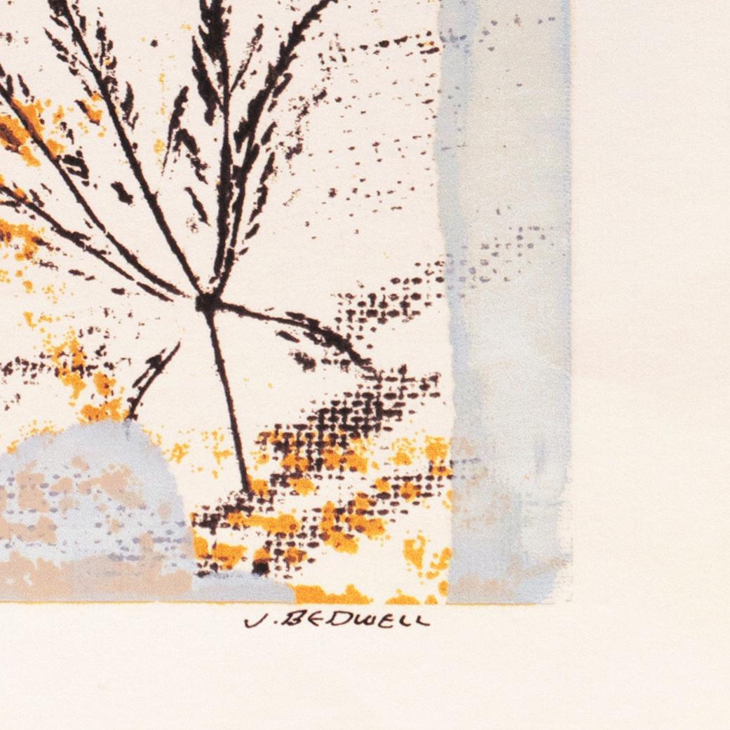 Leaves Against Ochre and Blue - Beige Abstract Print by Jeannette Bedwell