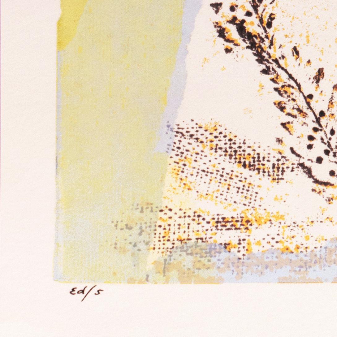 Signed lower right, 'J. Bedwell' and inscribed lower left, 'Ed/5'; additionally inscribed verso 'Serigraph by Jeanette Bedwell' and titled 'Leaves'. Accompanied by an original gallery label, dated 1969.

A substantial, delicately colored serigraph