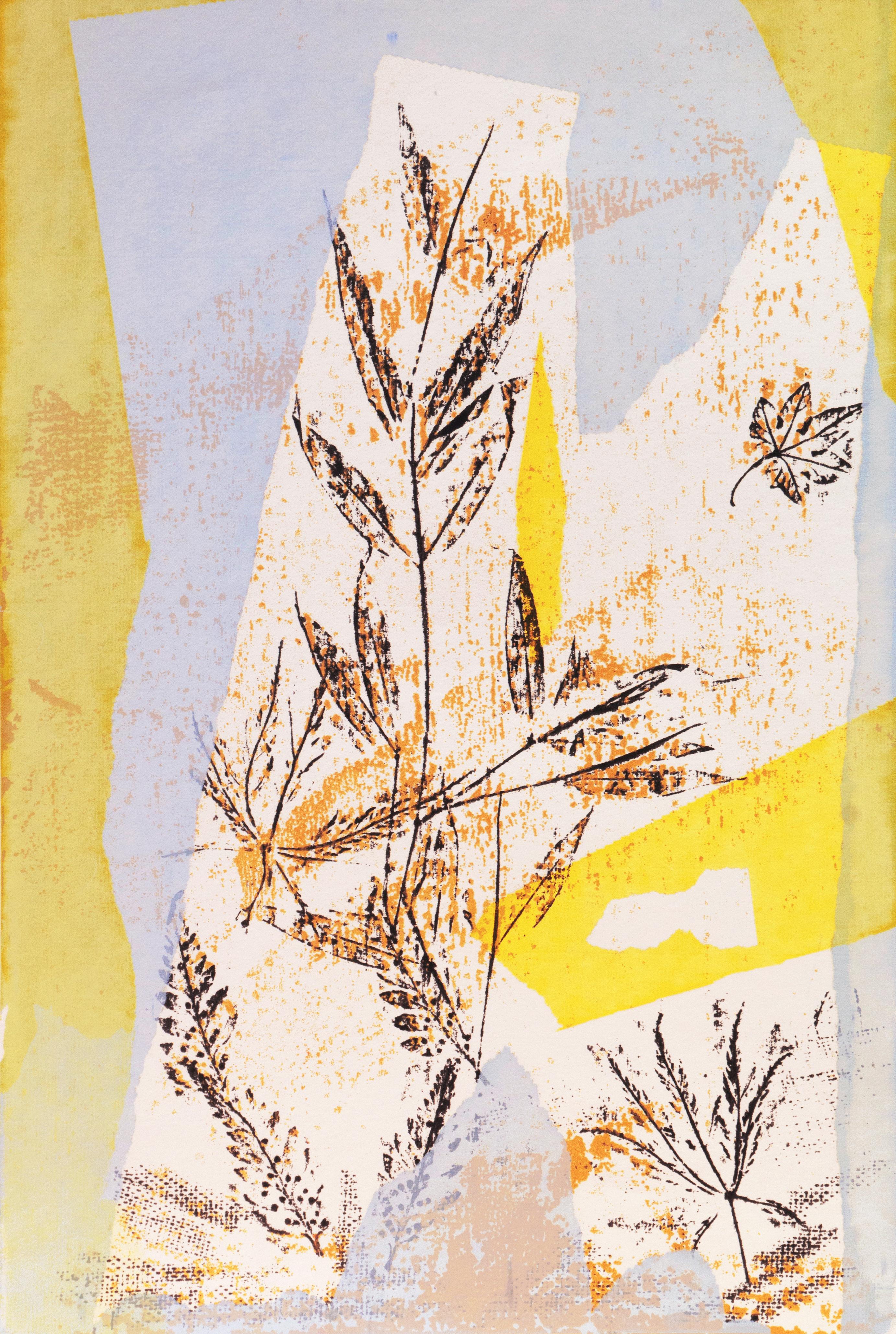 Jeannette Bedwell Abstract Print - Leaves Against Ochre and Blue