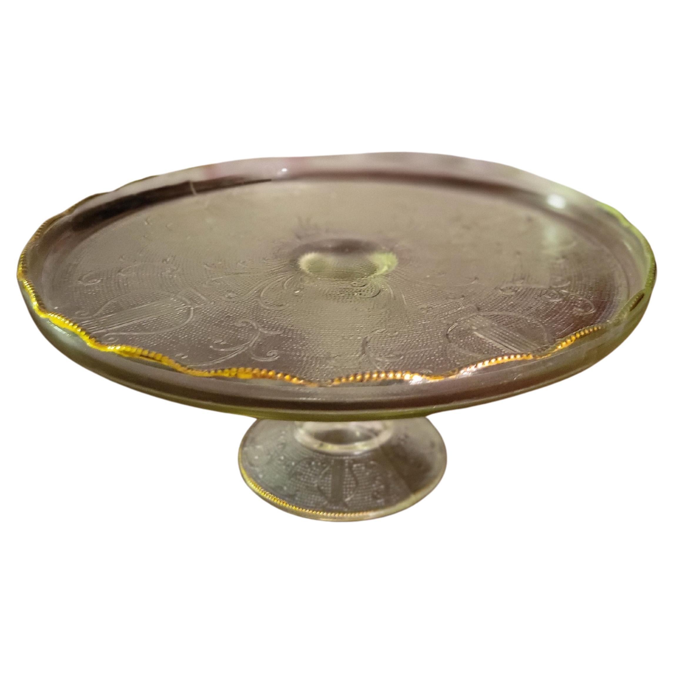 Jeannette 'Harp' Depression Glass Cake Stand with Gold Scalopped Trim 
