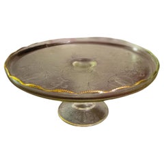 Used Jeannette 'Harp' Depression Glass Cake Stand with Gold Scalopped Trim 