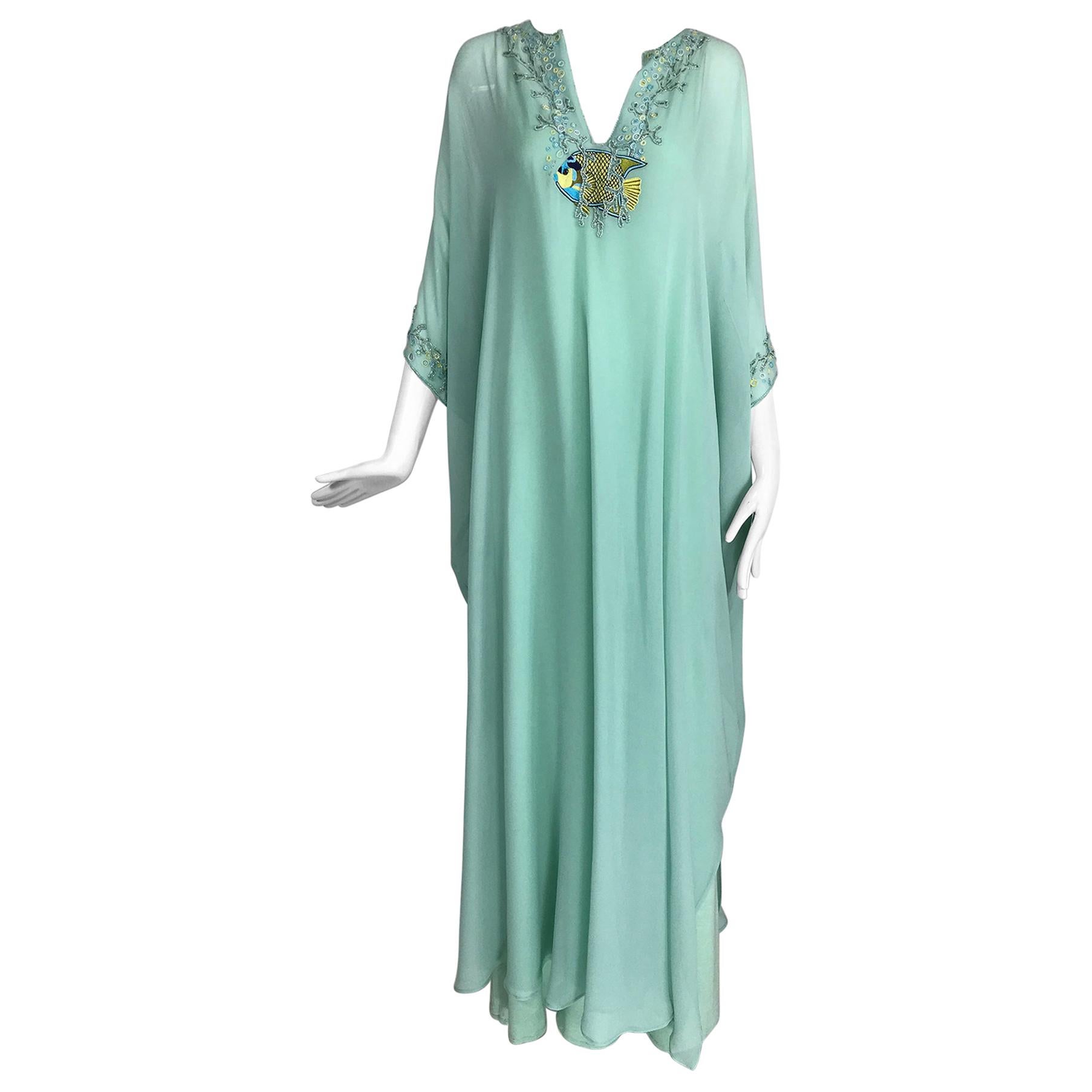 Jeannie McQueeny turquoise linen embroidered silk organza long jacket