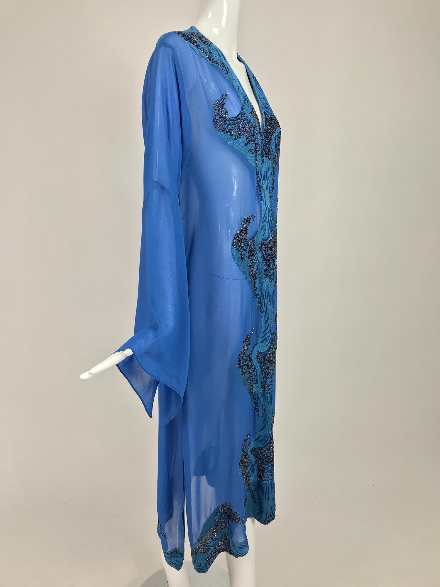 Jeannie McQueeny Beaded Blue SIlk Chiffon Caftan Dress 5