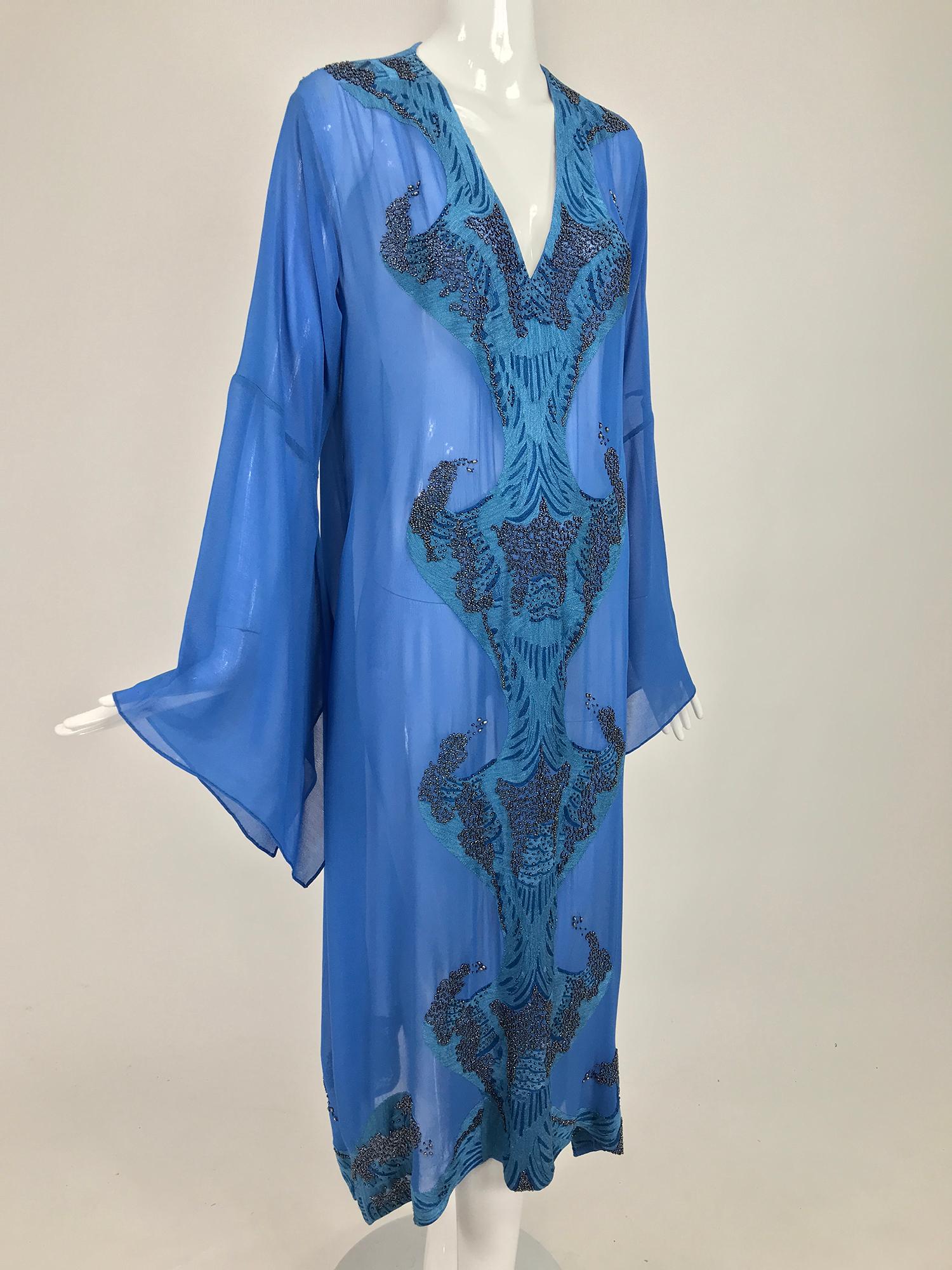 Jeannie McQueeny Beaded Blue SIlk Chiffon Caftan Dress 6