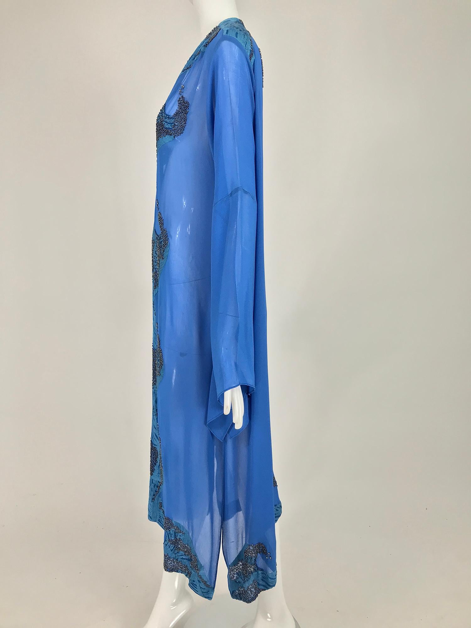 Jeannie McQueeny Beaded Blue SIlk Chiffon Caftan Dress In Good Condition In West Palm Beach, FL