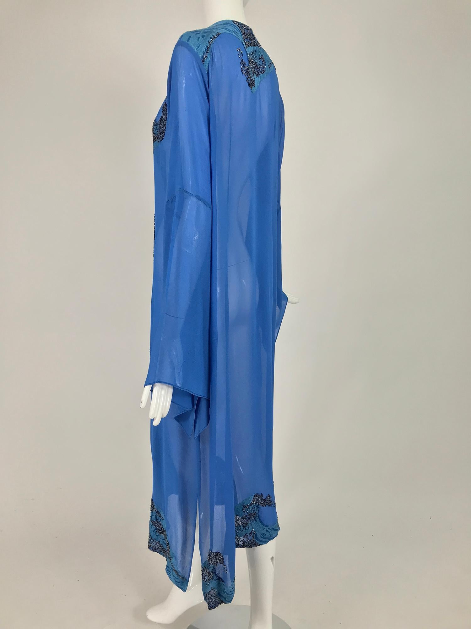 Women's Jeannie McQueeny Beaded Blue SIlk Chiffon Caftan Dress