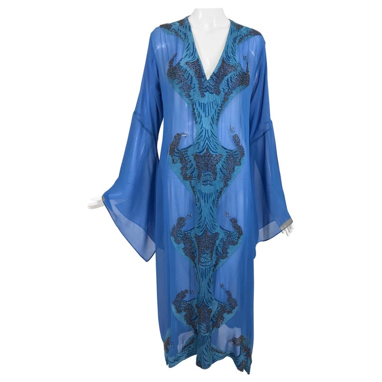 Jeannie McQueeny Beaded Blue SIlk Chiffon Caftan Dress at 1stDibs