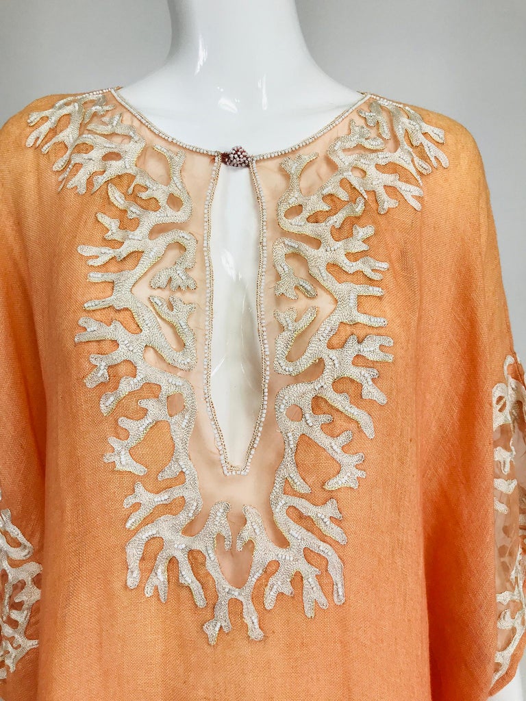 Jeannie McQueeny Coral Linen Applique and Beaded Caftan at 1stDibs