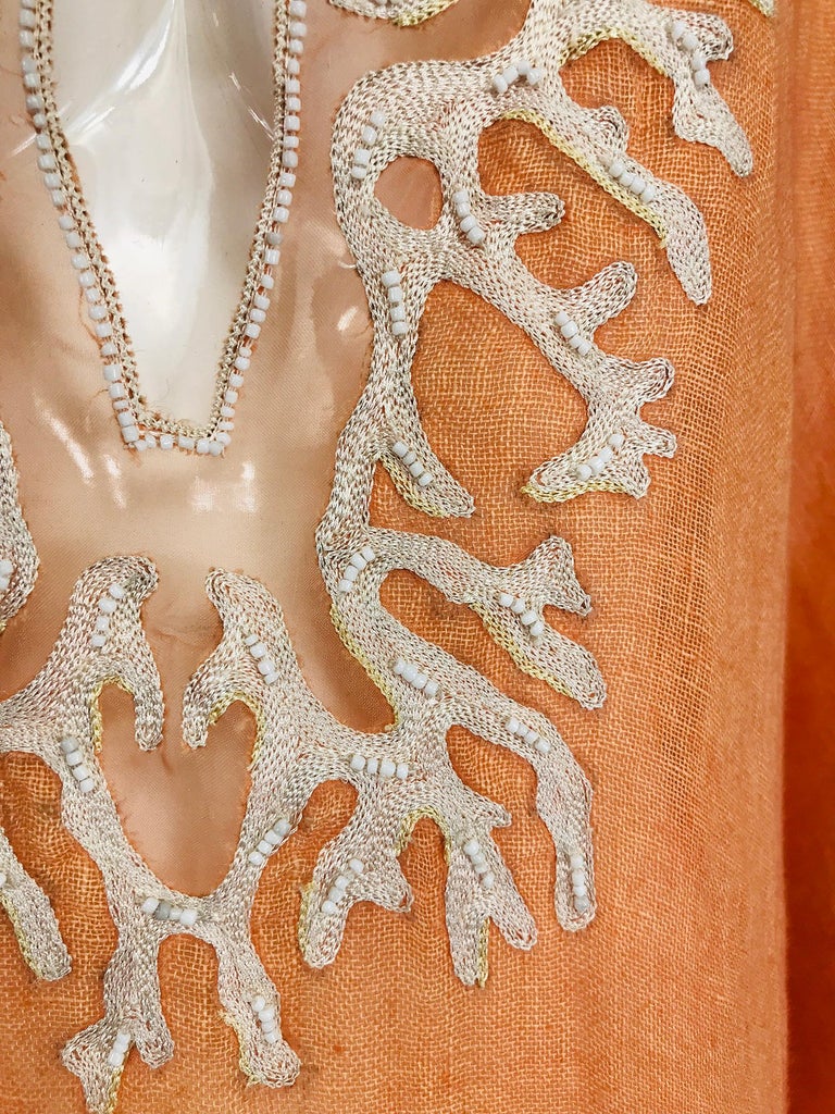 Jeannie McQueeny Coral Linen Applique and Beaded Caftan at 1stDibs