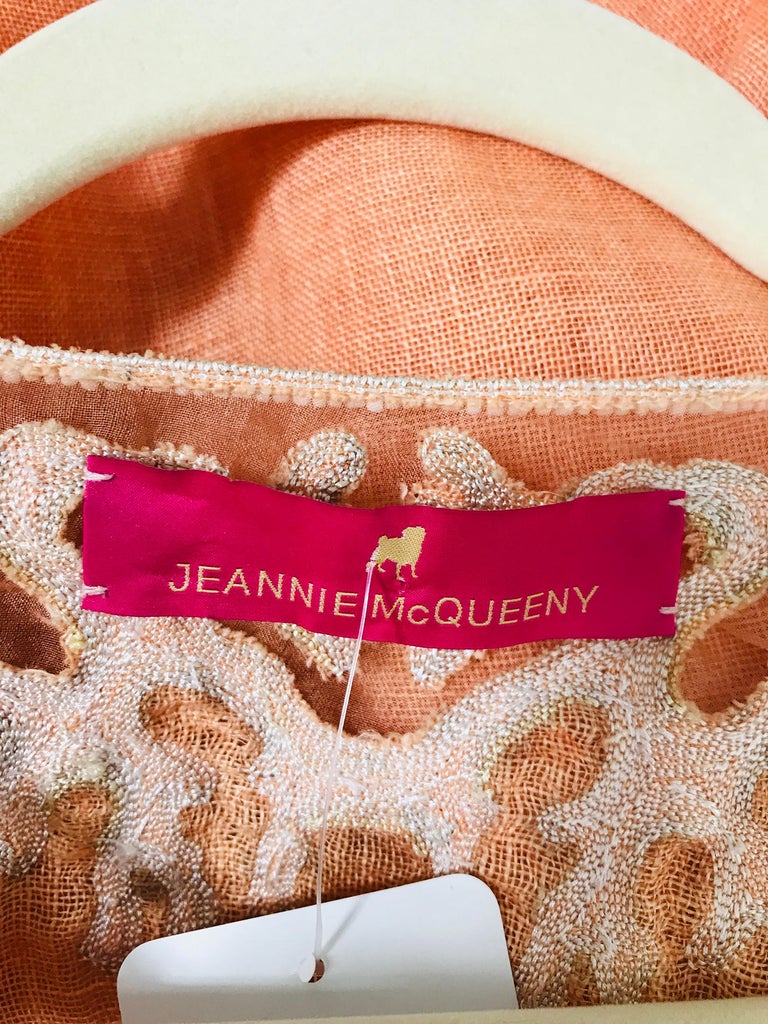 Jeannie McQueeny Coral Linen Applique and Beaded Caftan at 1stDibs
