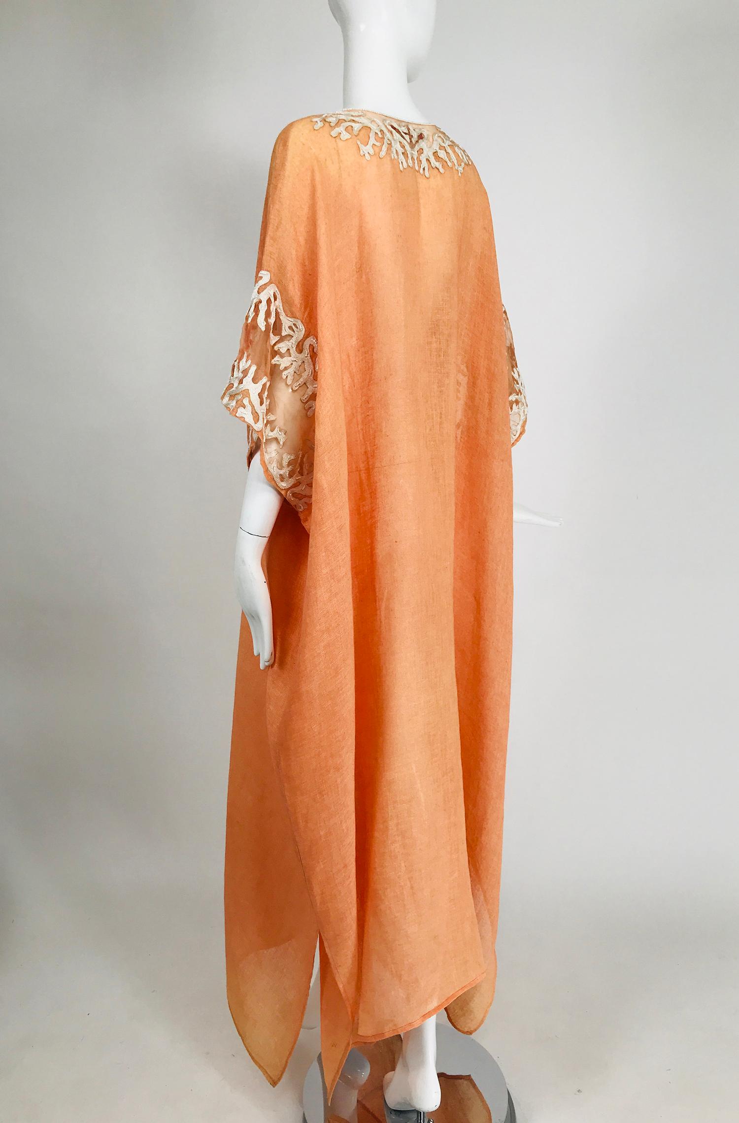 Women's or Men's Jeannie McQueeny Coral Linen Applique & Beaded Caftan 
