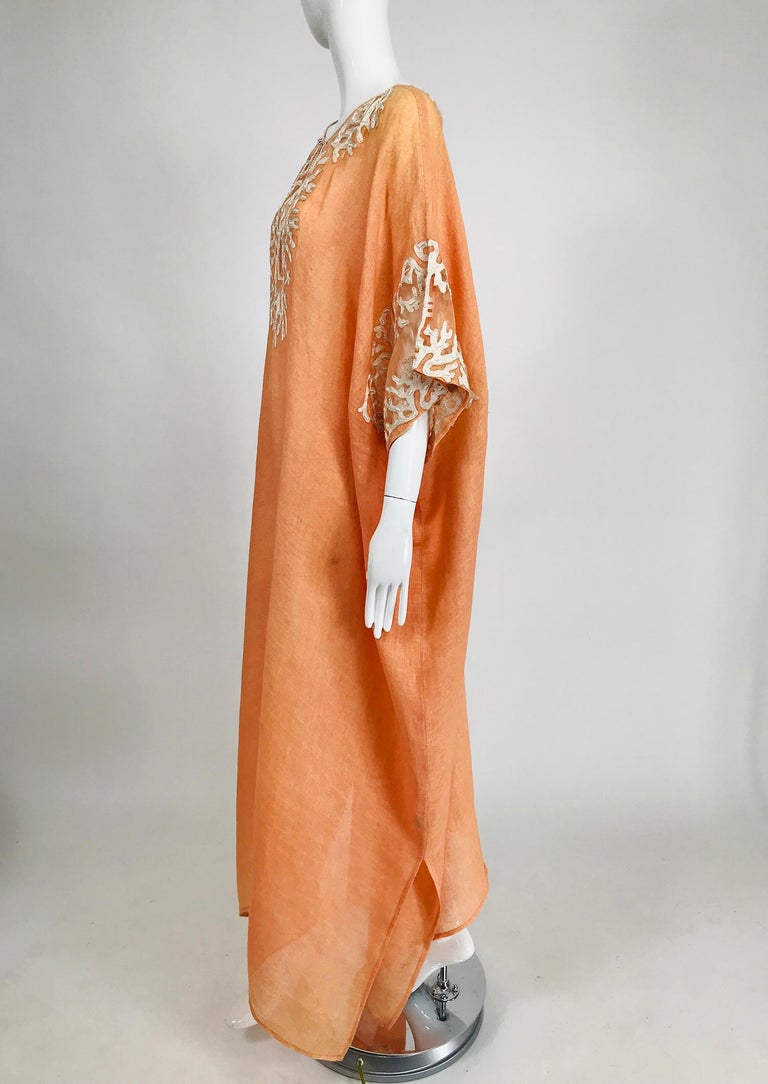 Jeannie McQueeny Coral Linen Applique and Beaded Caftan at 1stDibs
