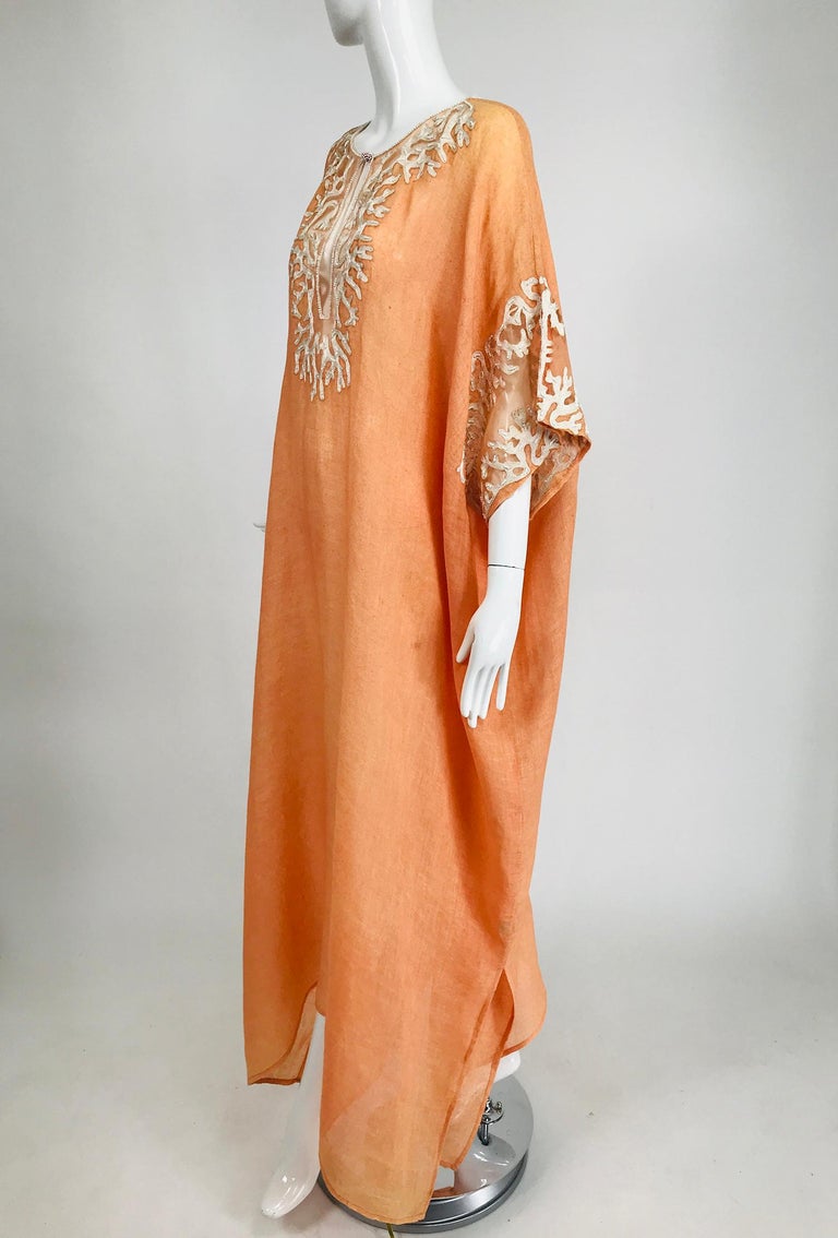 Jeannie McQueeny Coral Linen Applique and Beaded Caftan at 1stDibs