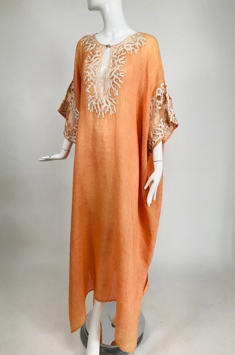 Jeannie McQueeny Coral Linen Applique and Beaded Caftan at 1stDibs